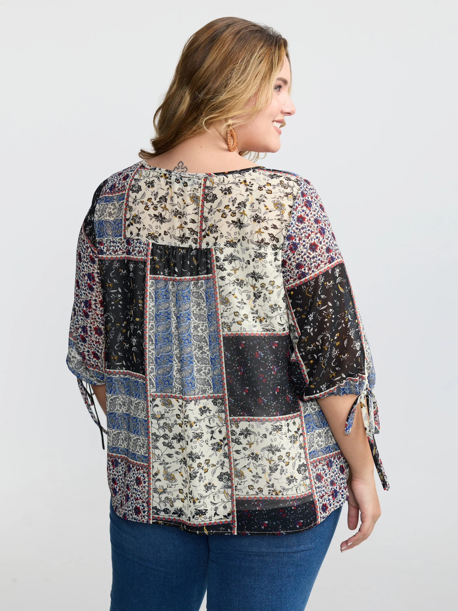 Boho Collage Print Sleeve-Tie Blouse - Image 13