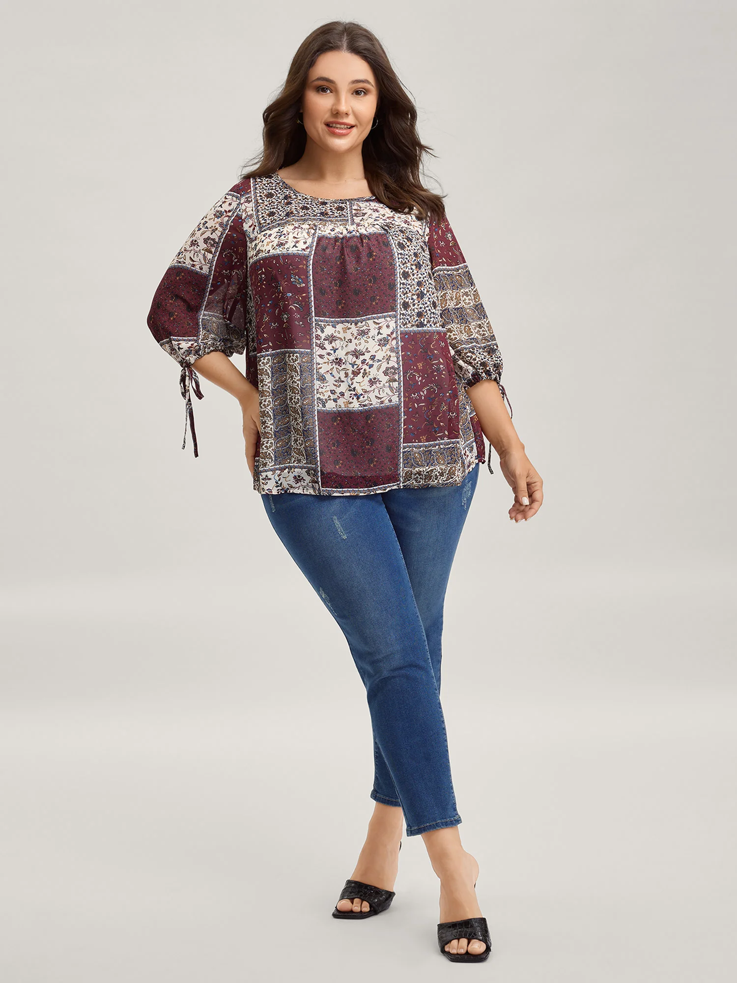 Boho Collage Print Sleeve-Tie Blouse - Image 3