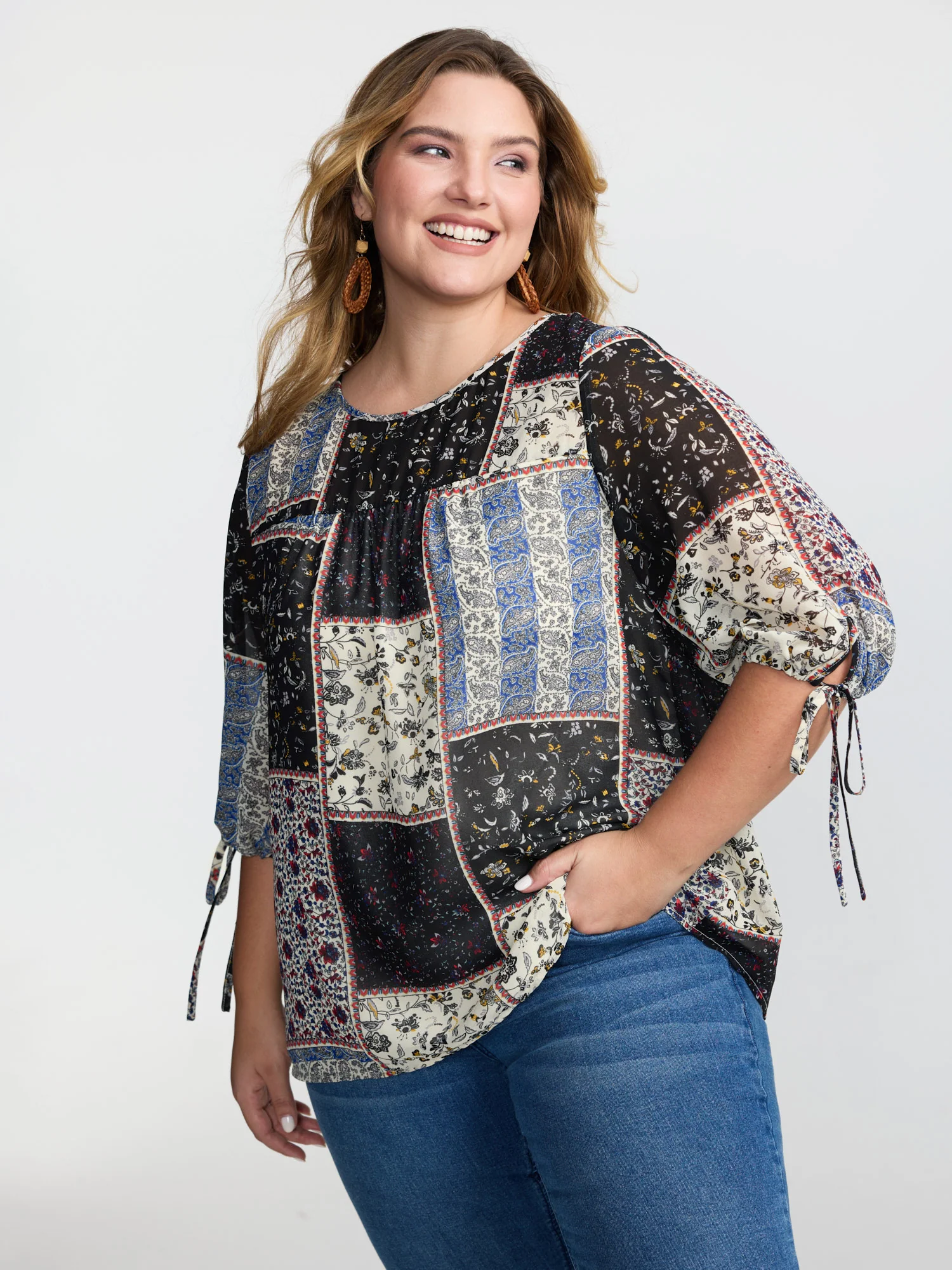 Boho Collage Print Sleeve-Tie Blouse - Image 8