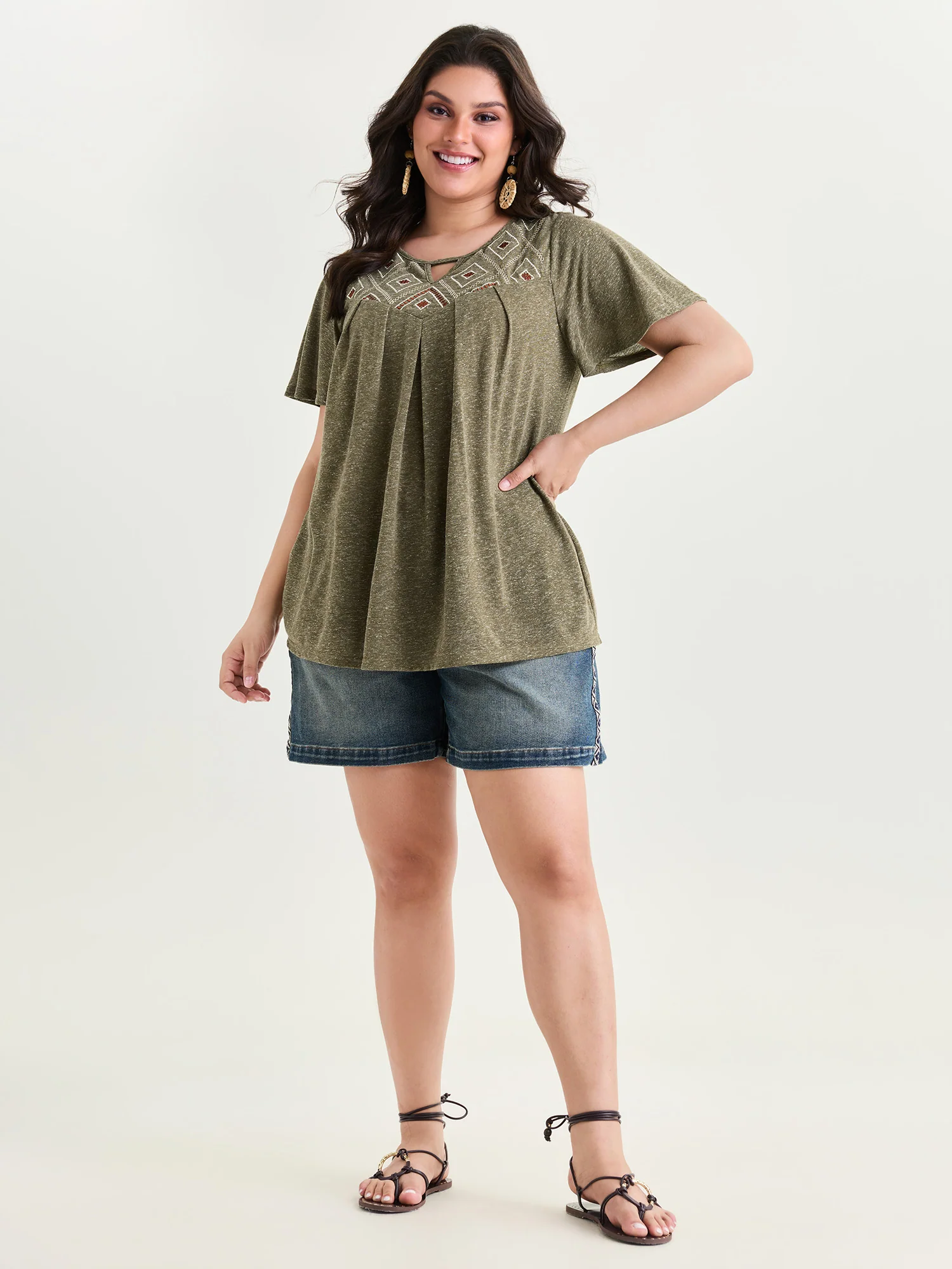 Boho Embroidered Keyhole Neckline Blouse - Image 3