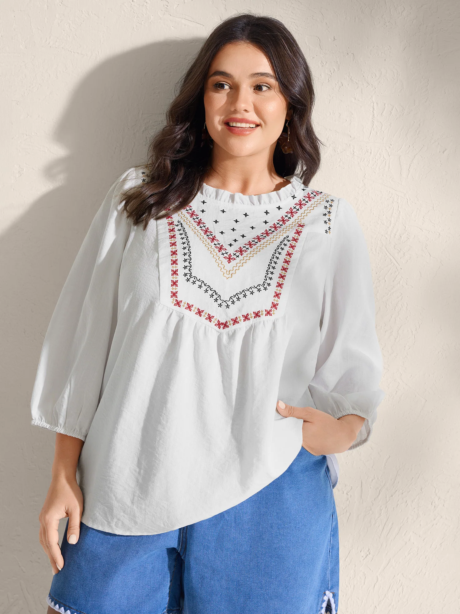 Boho Embroidered Neckline Ruffled Neck Blouse - Image 2