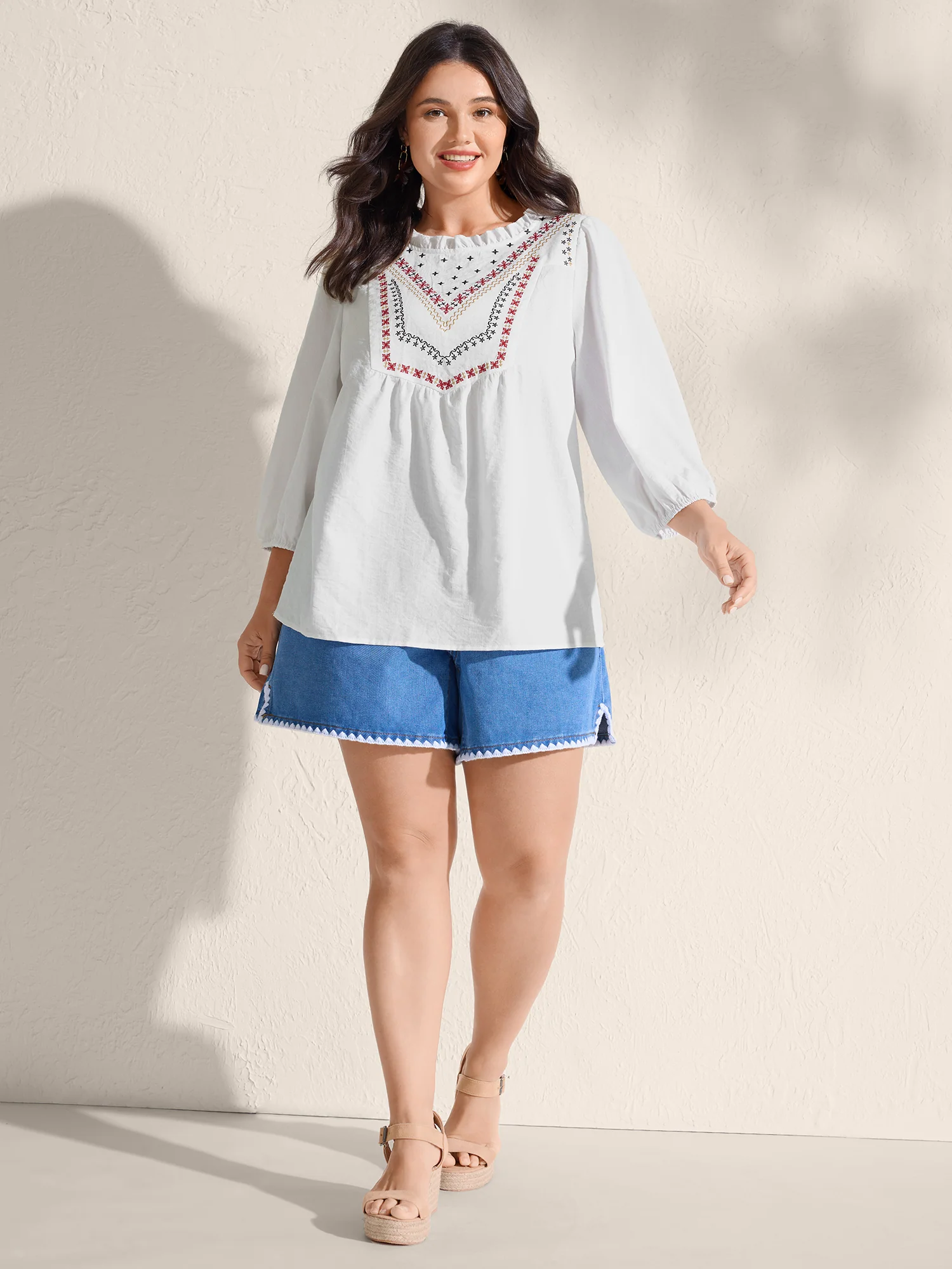 Boho Embroidered Neckline Ruffled Neck Blouse - Image 3