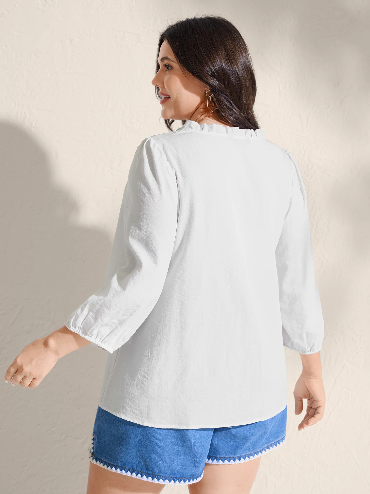 Boho Embroidered Neckline Ruffled Neck Blouse - Image 4