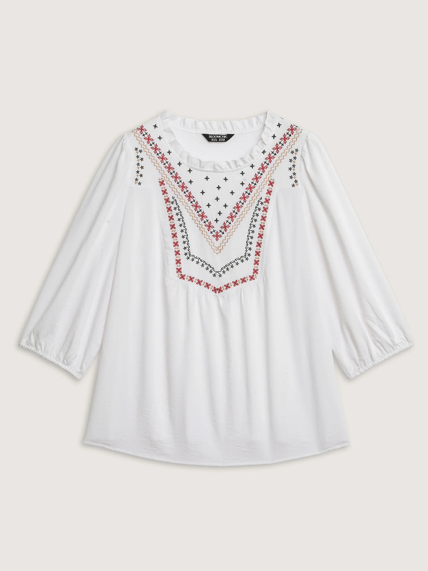 Boho Embroidered Neckline Ruffled Neck Blouse - Image 7