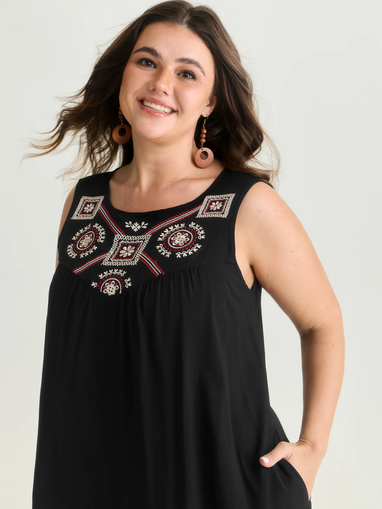 Boho Embroidered Neckline Sleeveless Mini Dress - Image 2