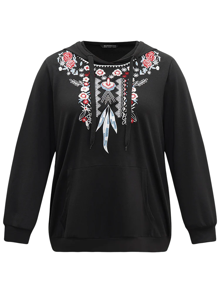 Boho Embroidered Pocket Hooded Drawstring Sweatshirt - Image 8