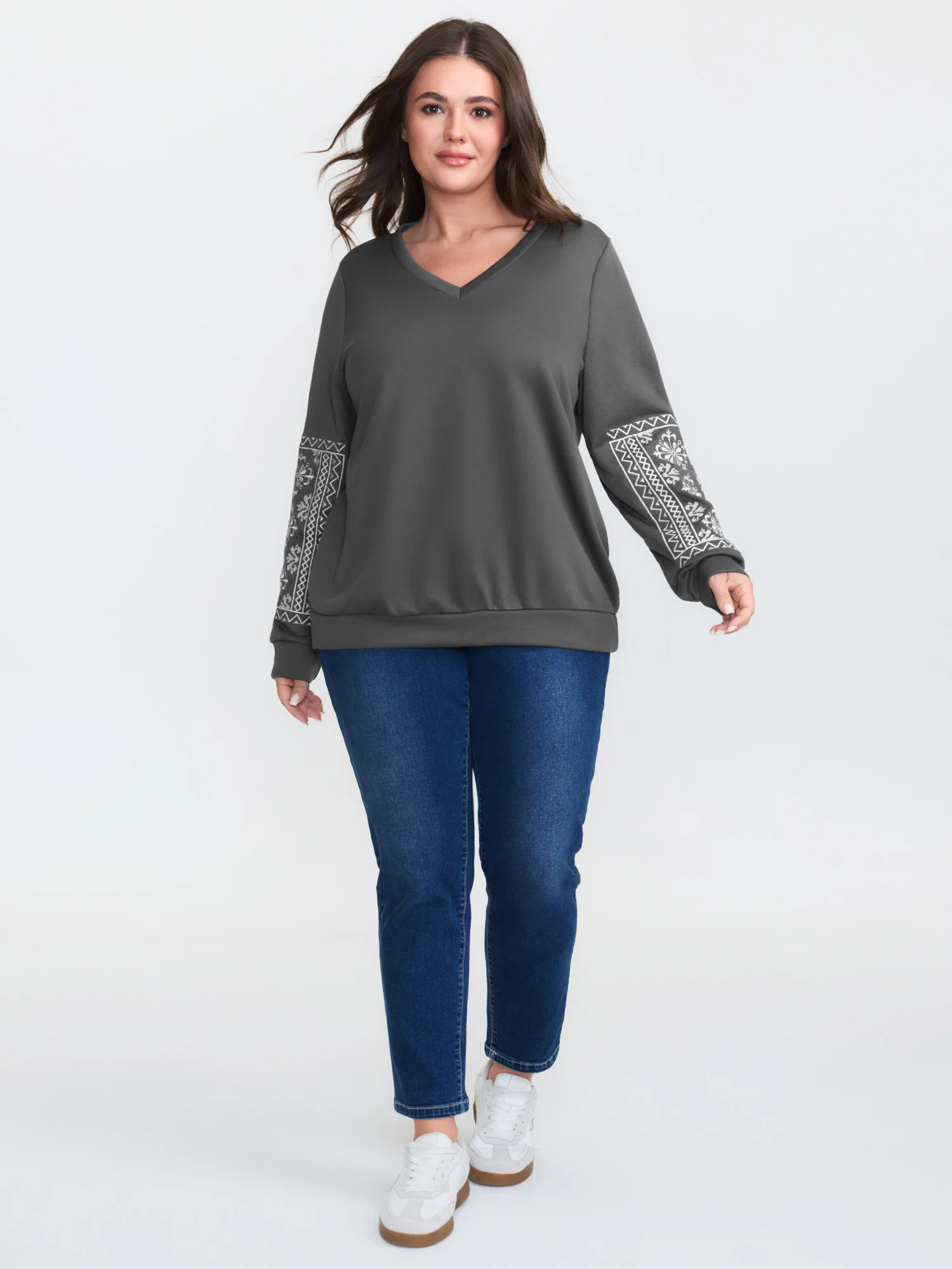 Boho Embroidered Sleeve V-Neck Sweatshirt - Image 3