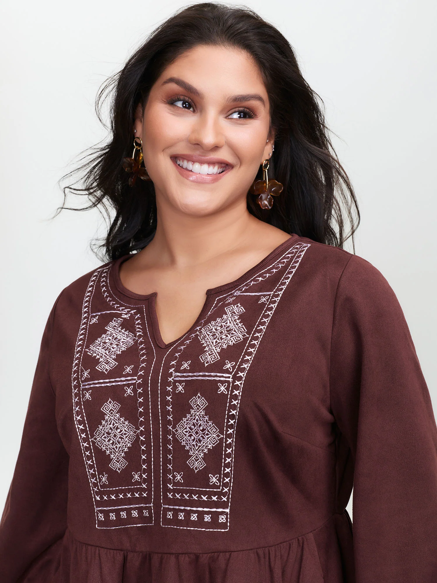 Boho Embroidery Notched Neckline Mini Dress - Image 2