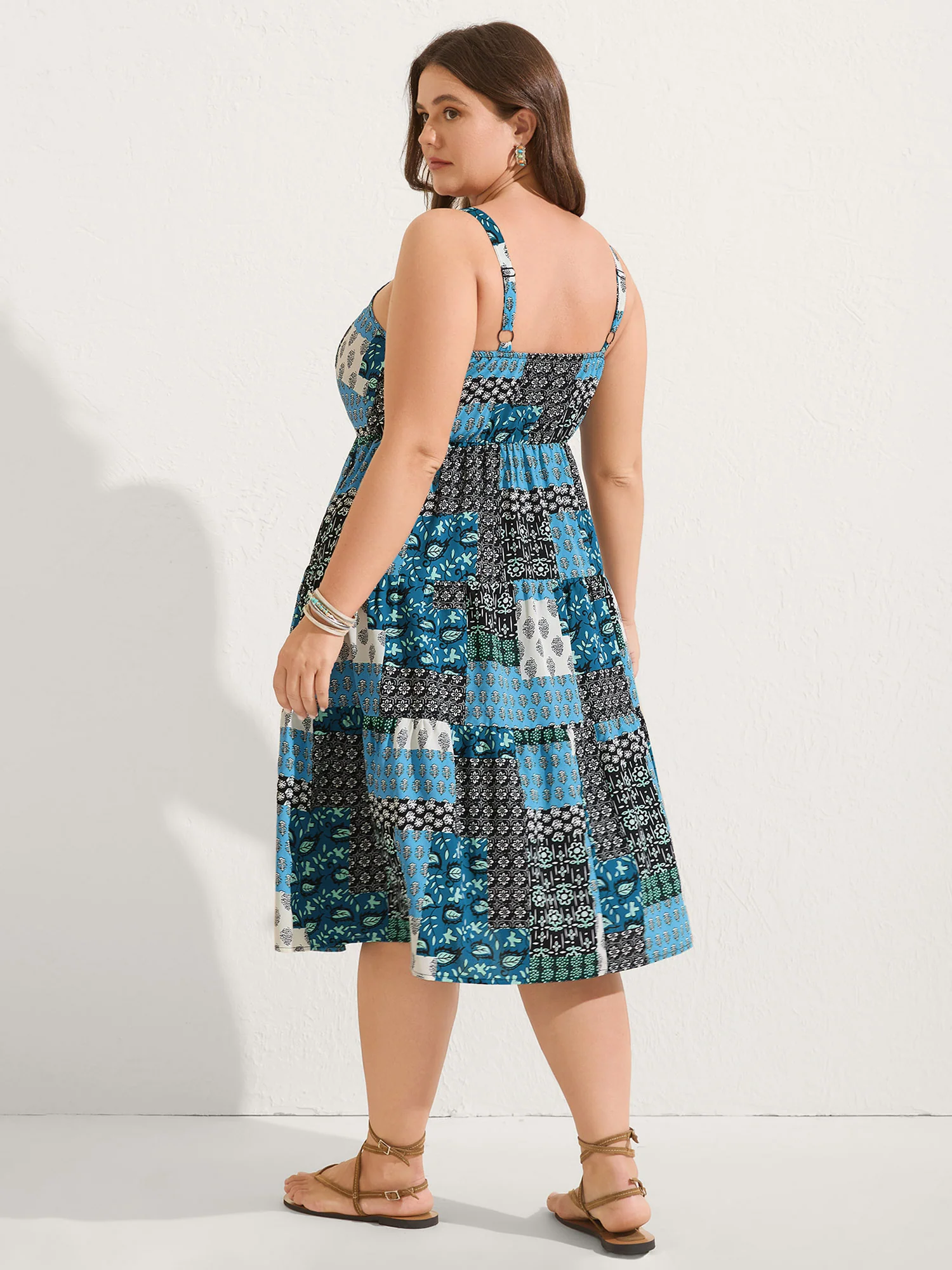 Boho Floral Collage Stretchy Waist Midi Dress - Image 4