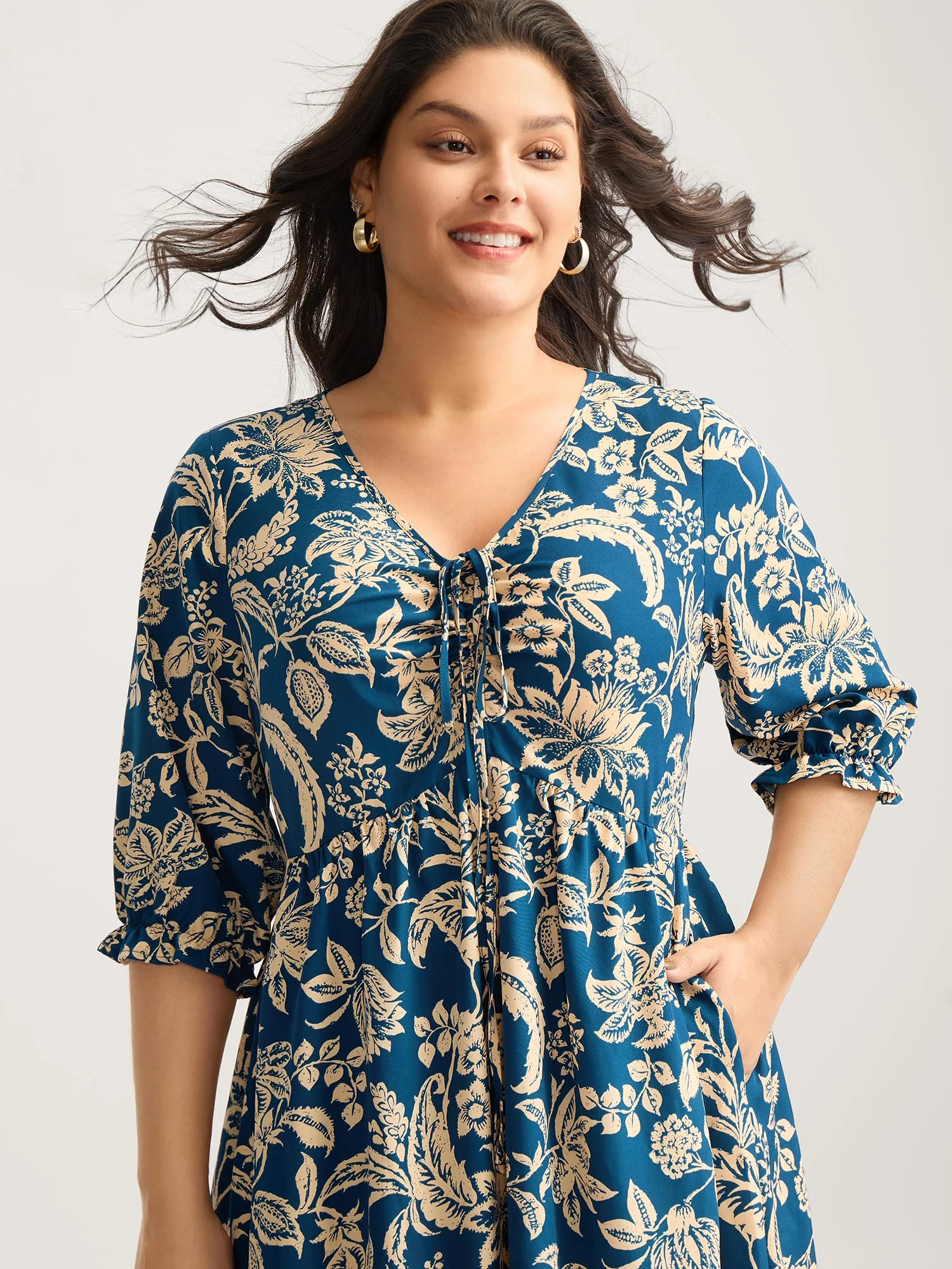Boho Floral Drawstring Pockets Maxi Dress - Image 2