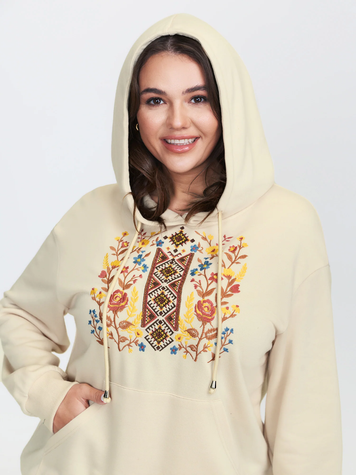 Boho Floral Embroidery Drop Shoulder Hoodie