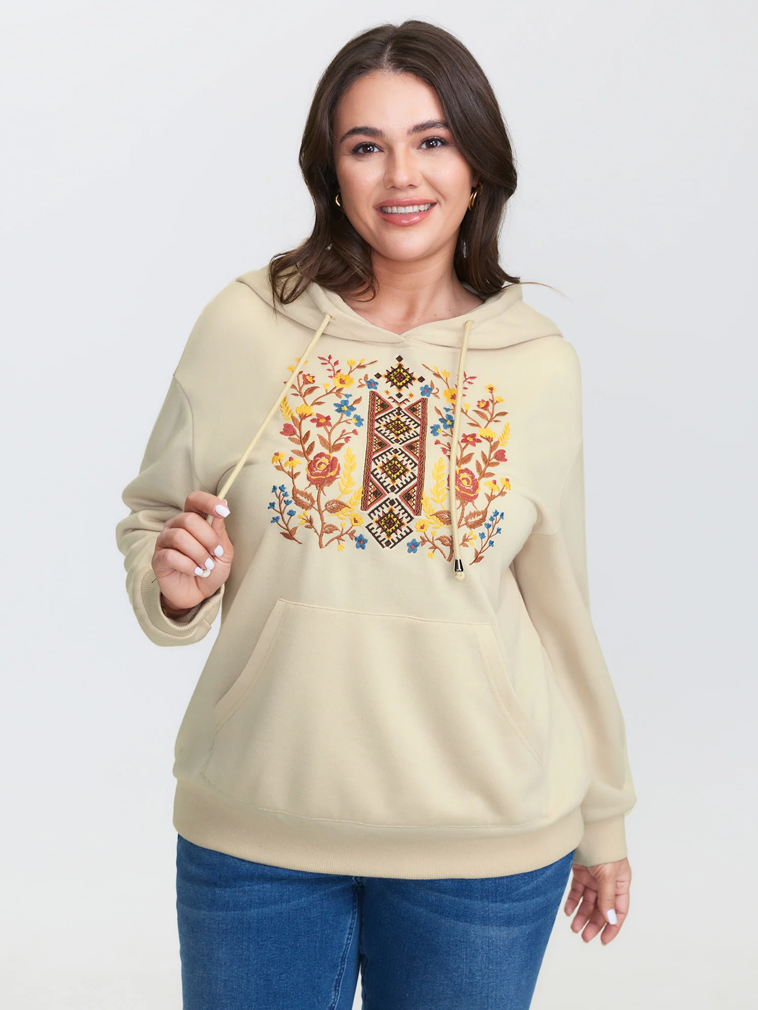 Boho Floral Embroidery Drop Shoulder Hoodie - Image 2