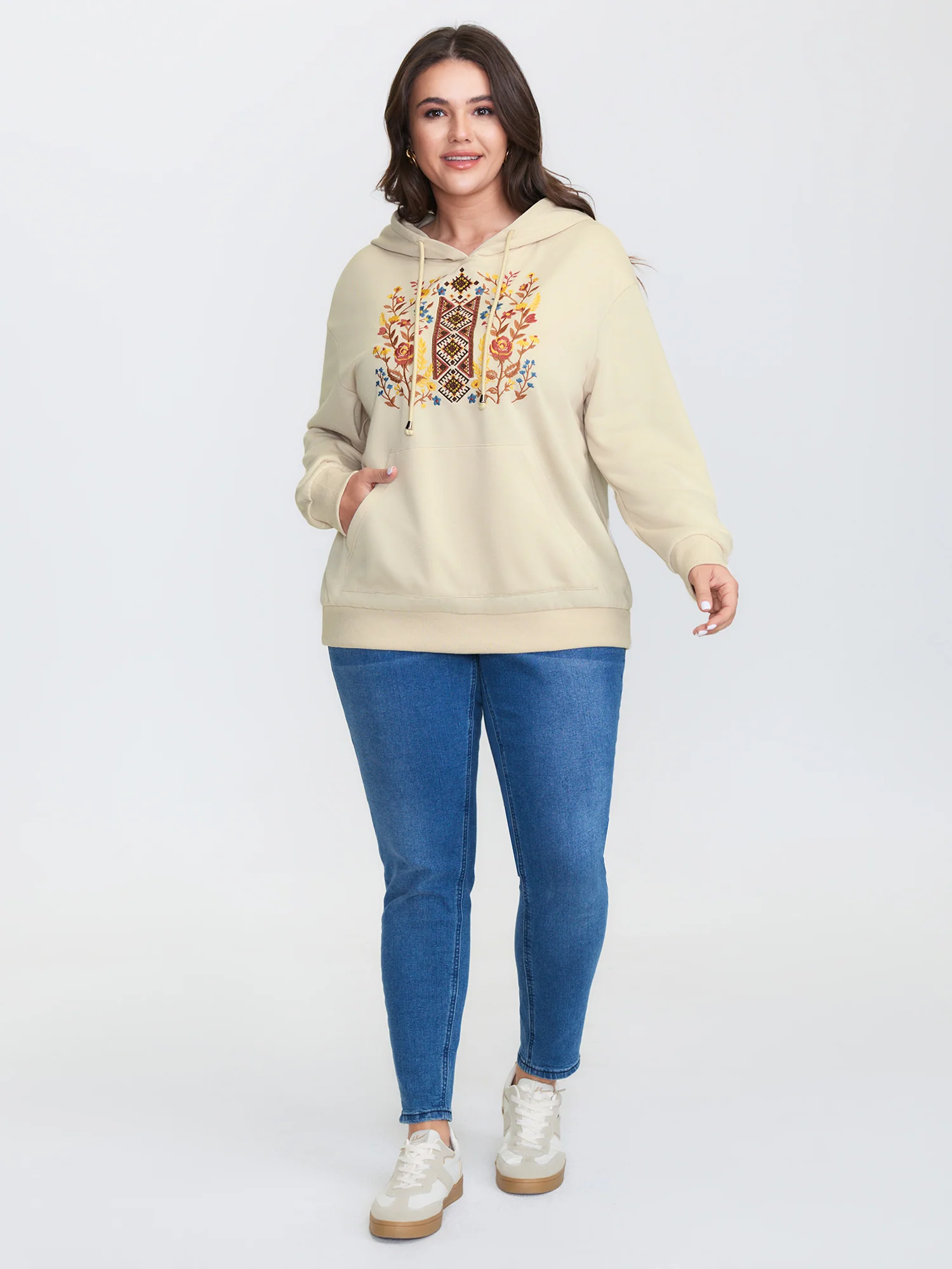 Boho Floral Embroidery Drop Shoulder Hoodie - Image 3