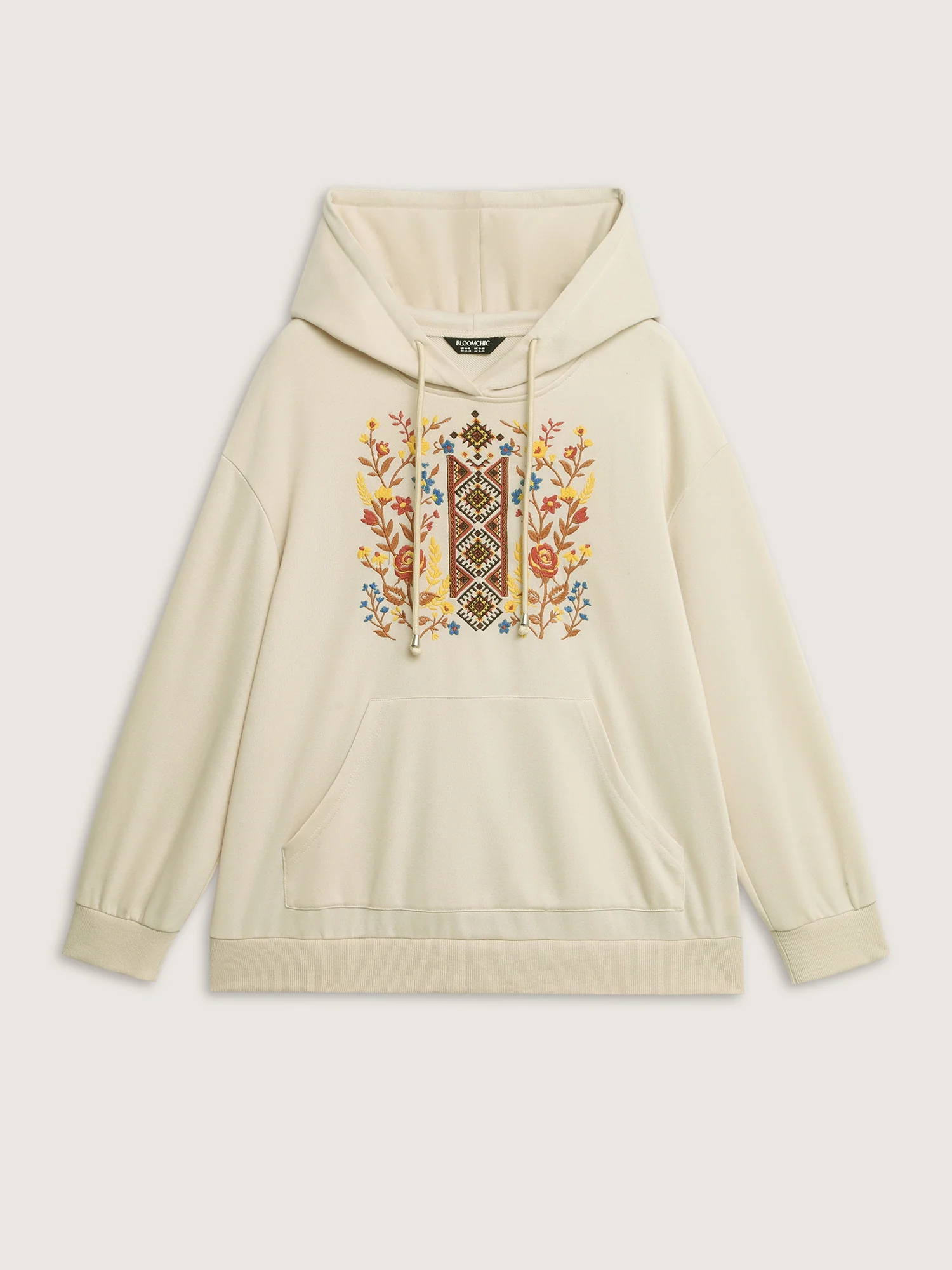 Boho Floral Embroidery Drop Shoulder Hoodie - Image 7