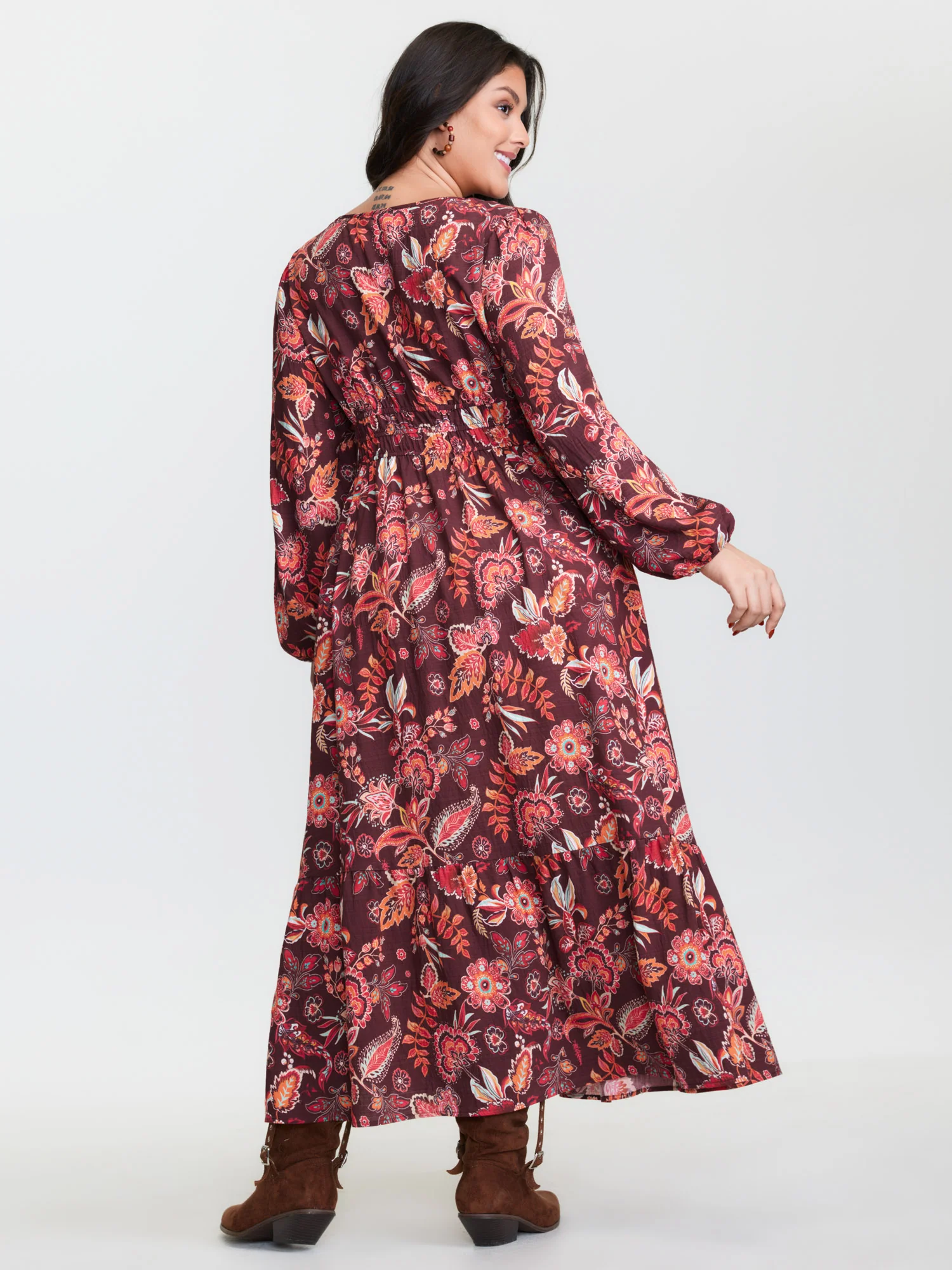 Boho Floral Print Cinched-Waist Maxi Dress - Image 5