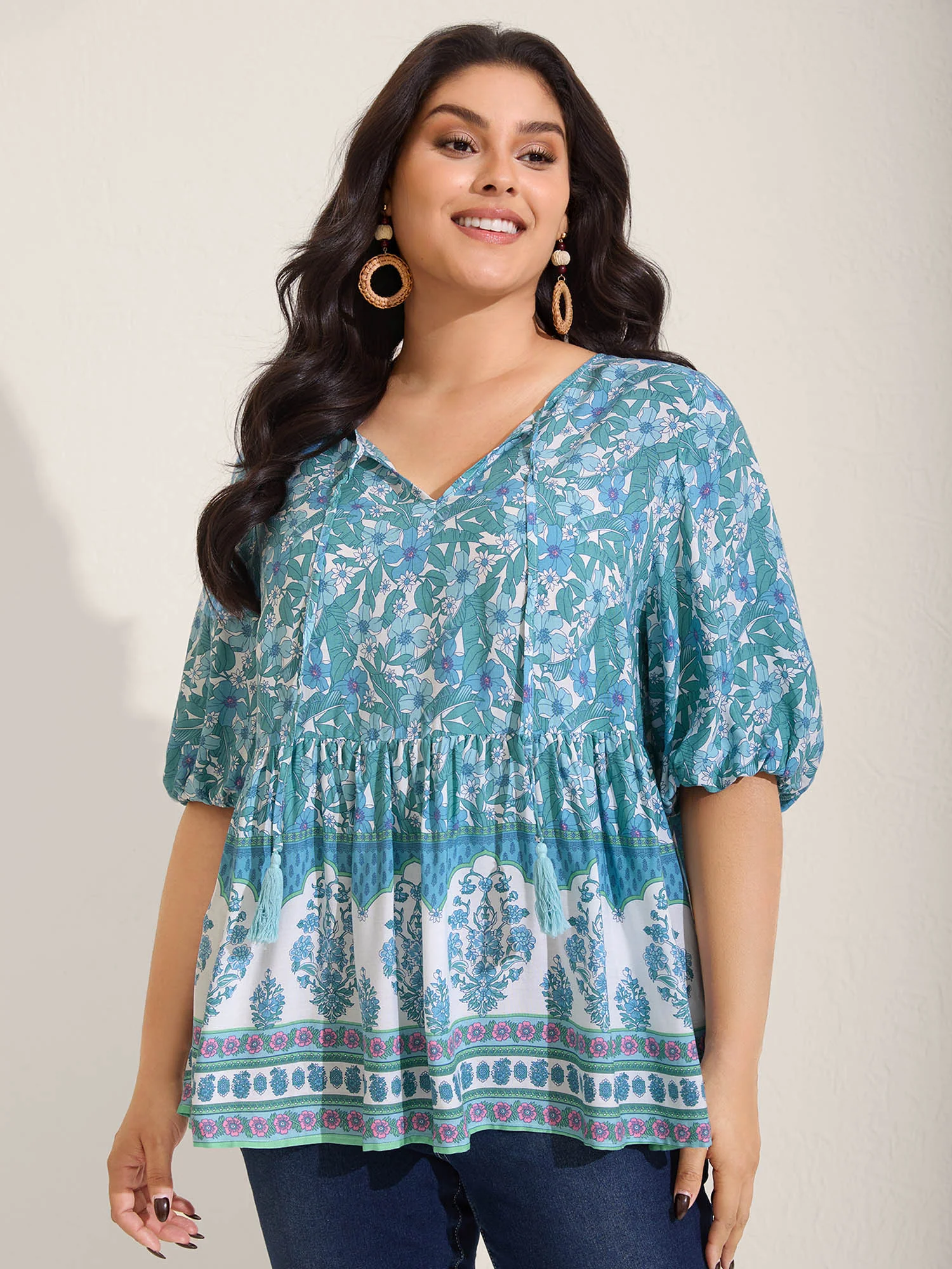 Boho Floral Print Color Contrast Blouse - Image 2