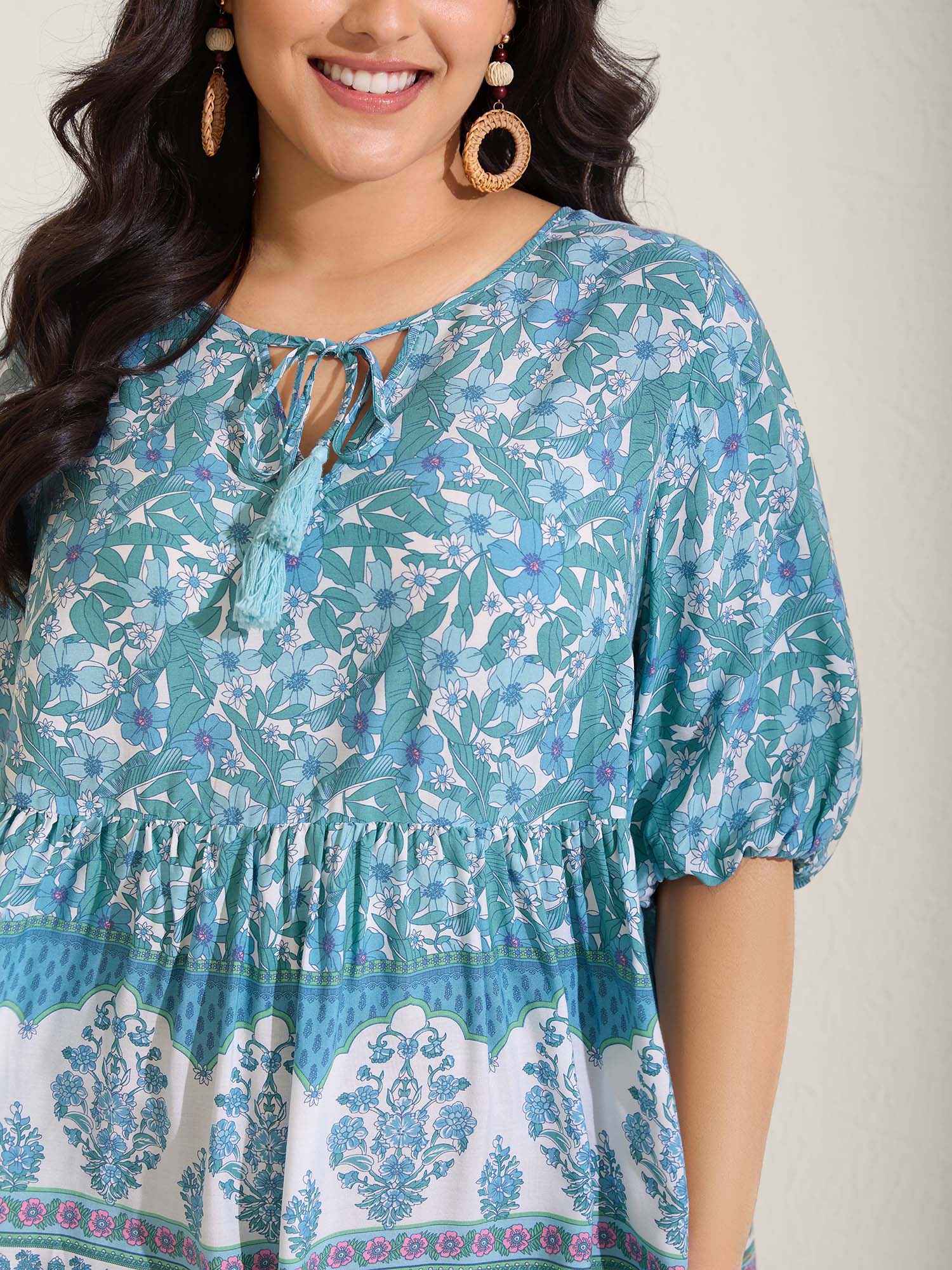 Boho Floral Print Color Contrast Blouse - Image 3