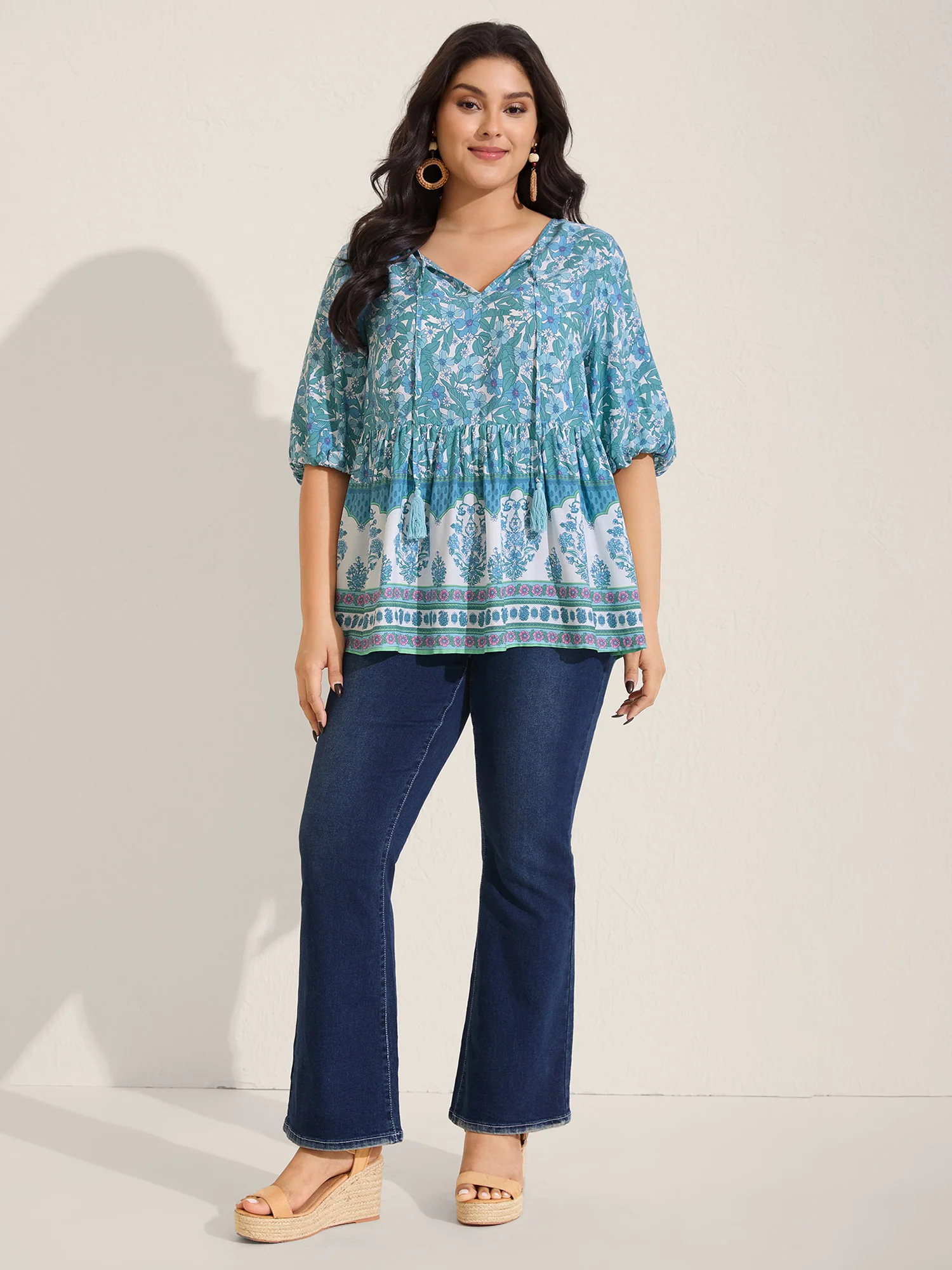 Boho Floral Print Color Contrast Blouse - Image 4