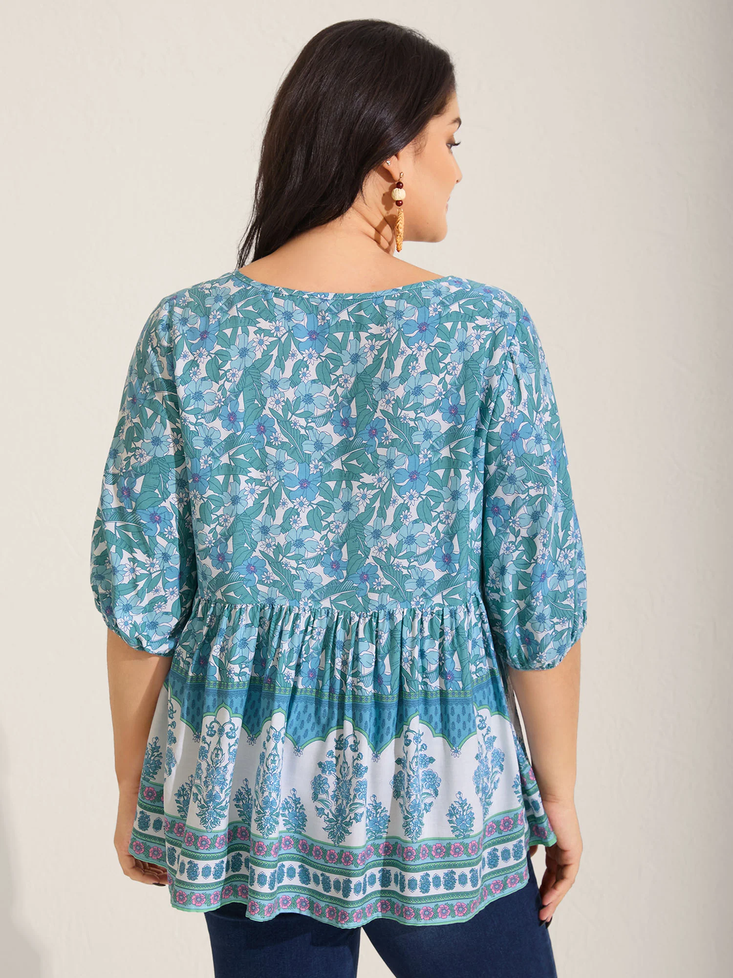 Boho Floral Print Color Contrast Blouse - Image 5