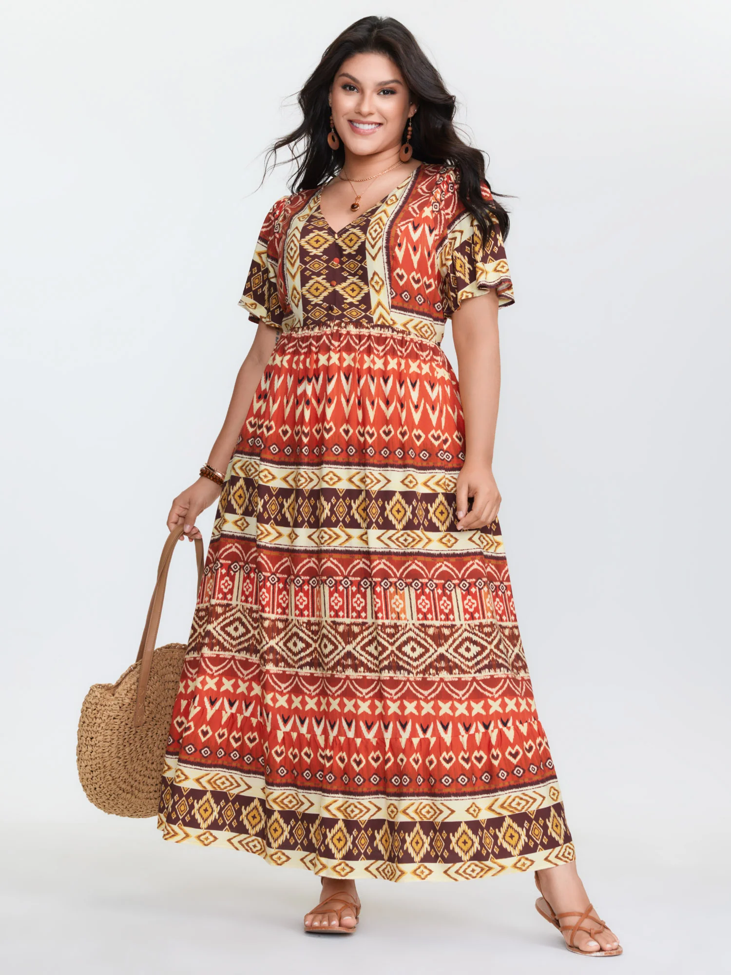 Boho Floral Print Flared Sleeve Maxi Dress - Image 3