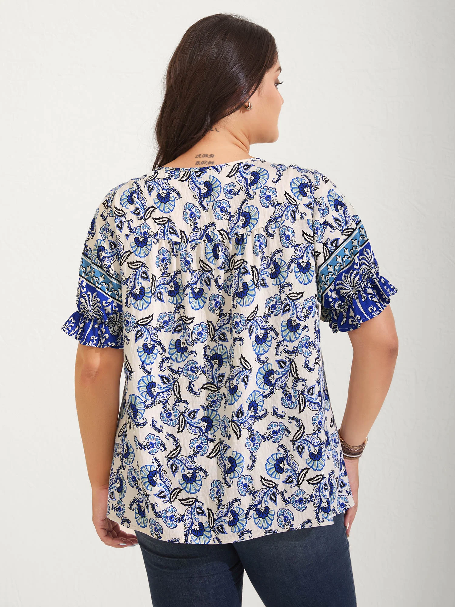 Boho Floral Print Neck Tassels Blouse - Image 11