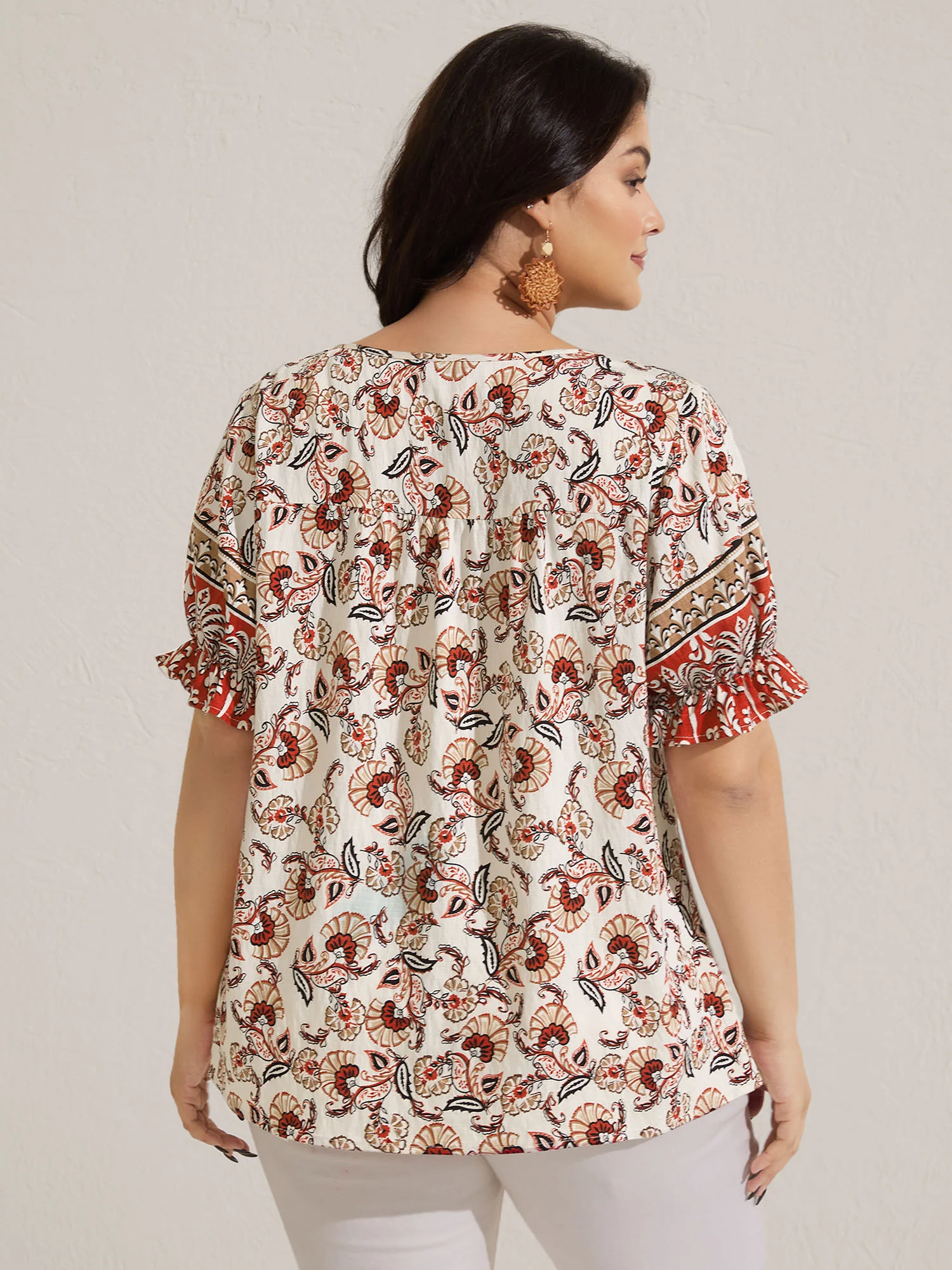 Boho Floral Print Neck Tassels Blouse - Image 4