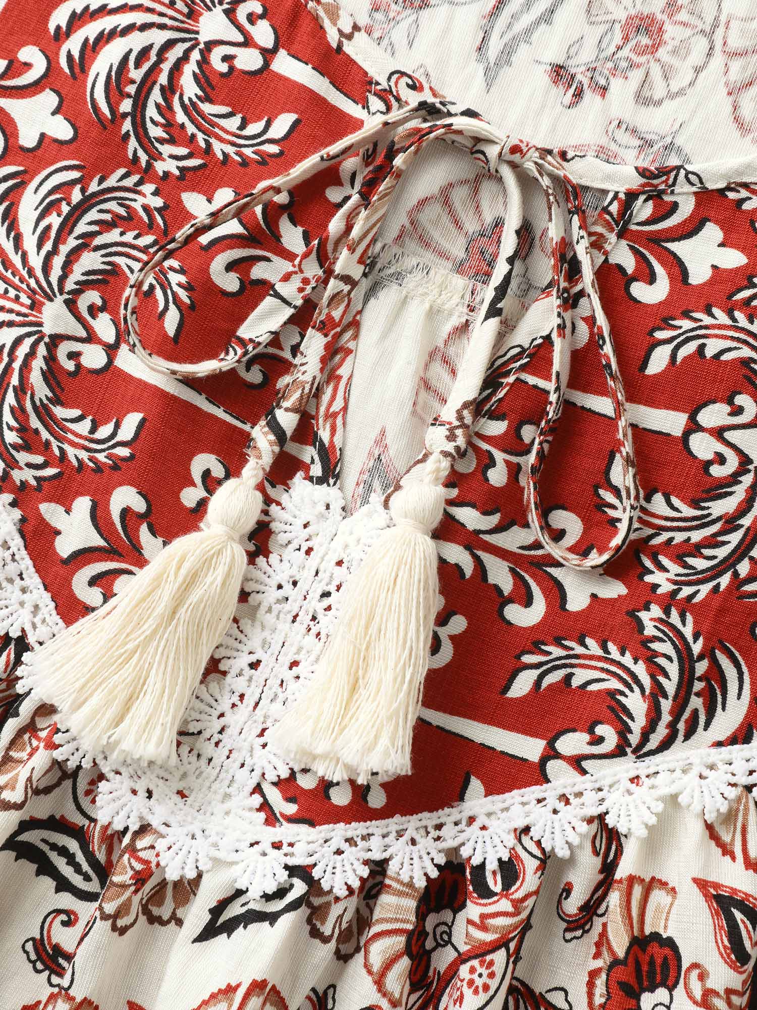 Boho Floral Print Neck Tassels Blouse - Image 5