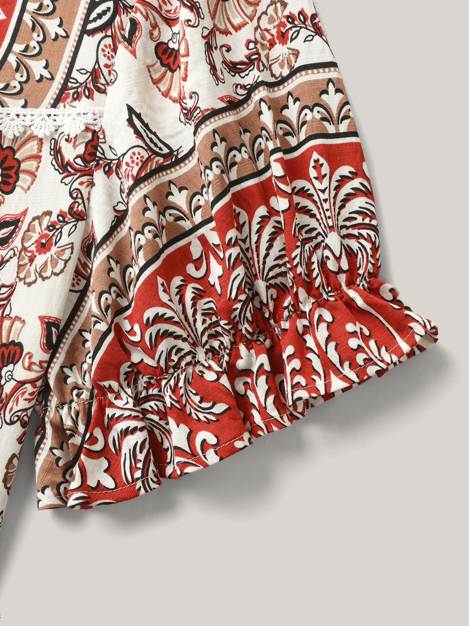 Boho Floral Print Neck Tassels Blouse - Image 6