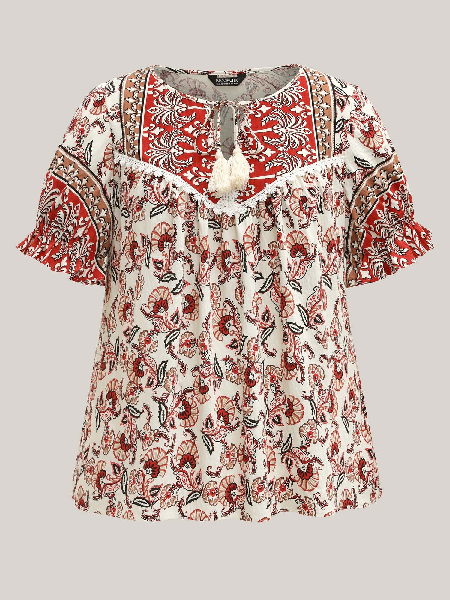 Boho Floral Print Neck Tassels Blouse - Image 7