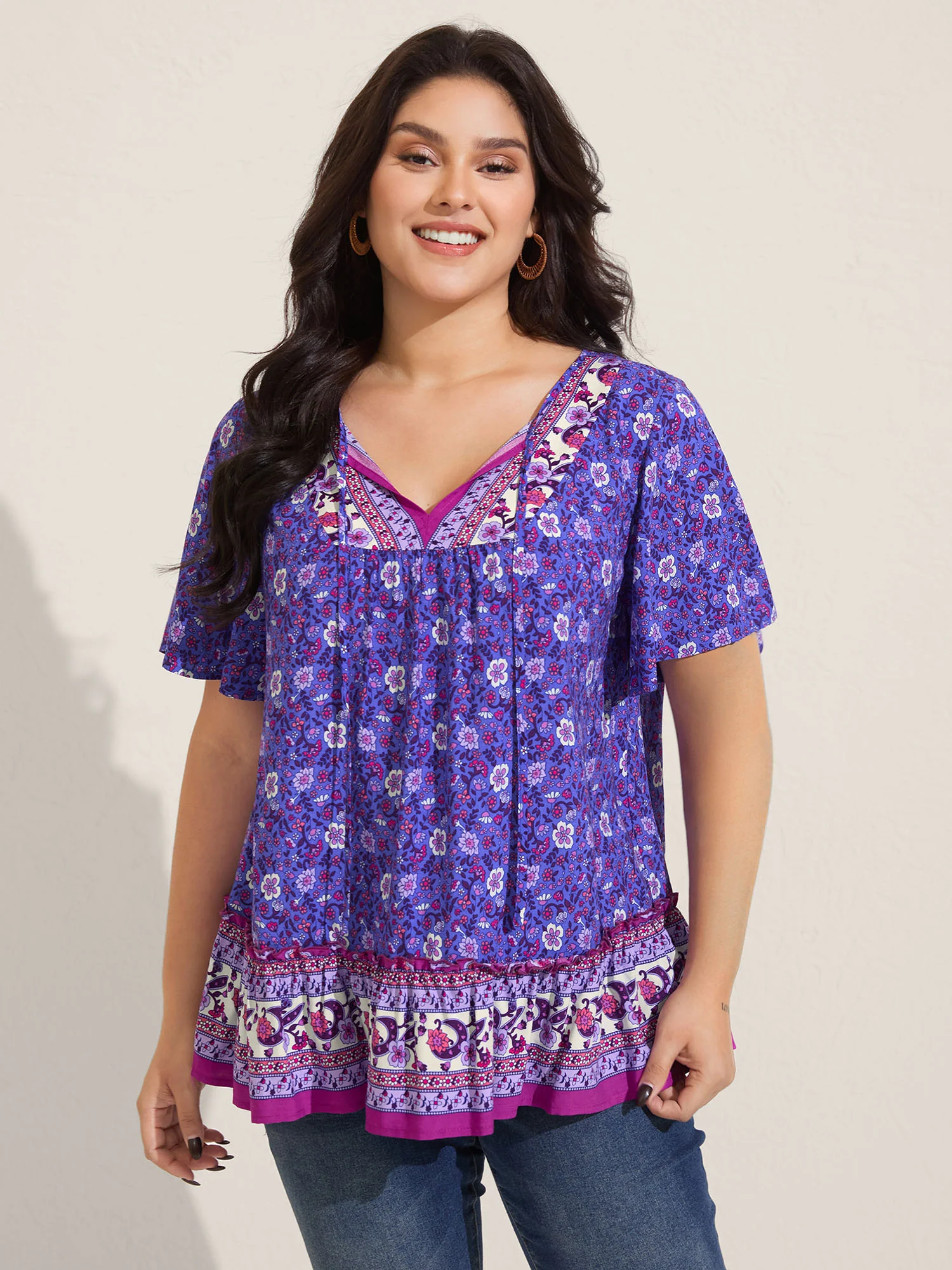 Boho Floral Print Neck Tie Blouse