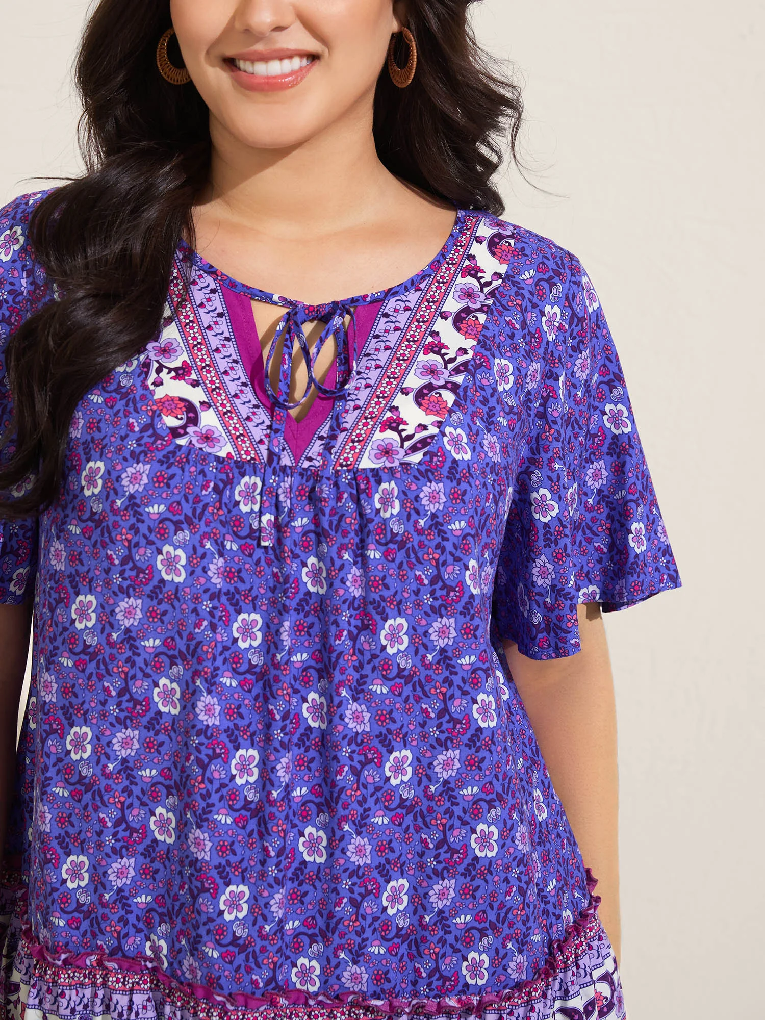 Boho Floral Print Neck Tie Blouse - Image 2