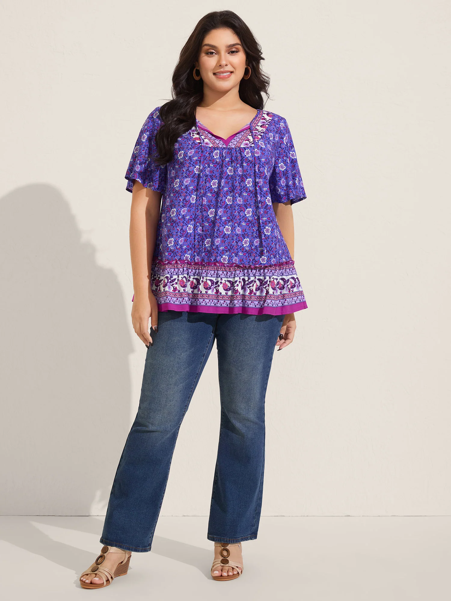 Boho Floral Print Neck Tie Blouse - Image 3