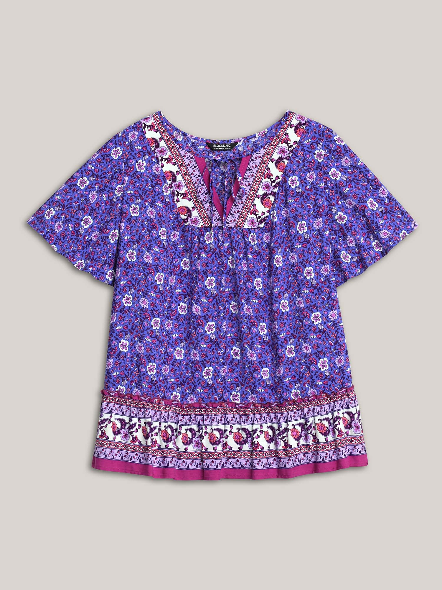 Boho Floral Print Neck Tie Blouse - Image 5