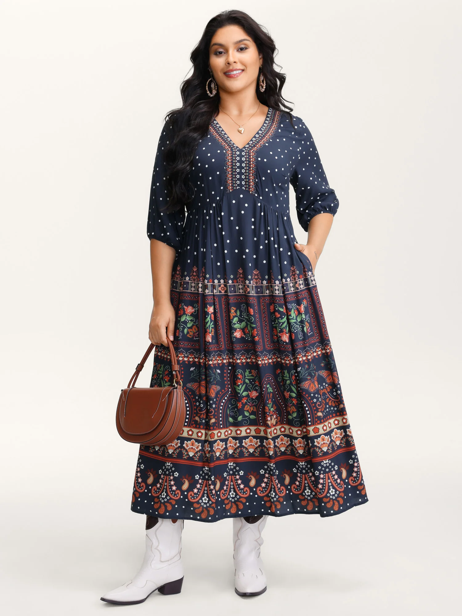 Boho Floral Print Pockets Contrast Maxi Dress
