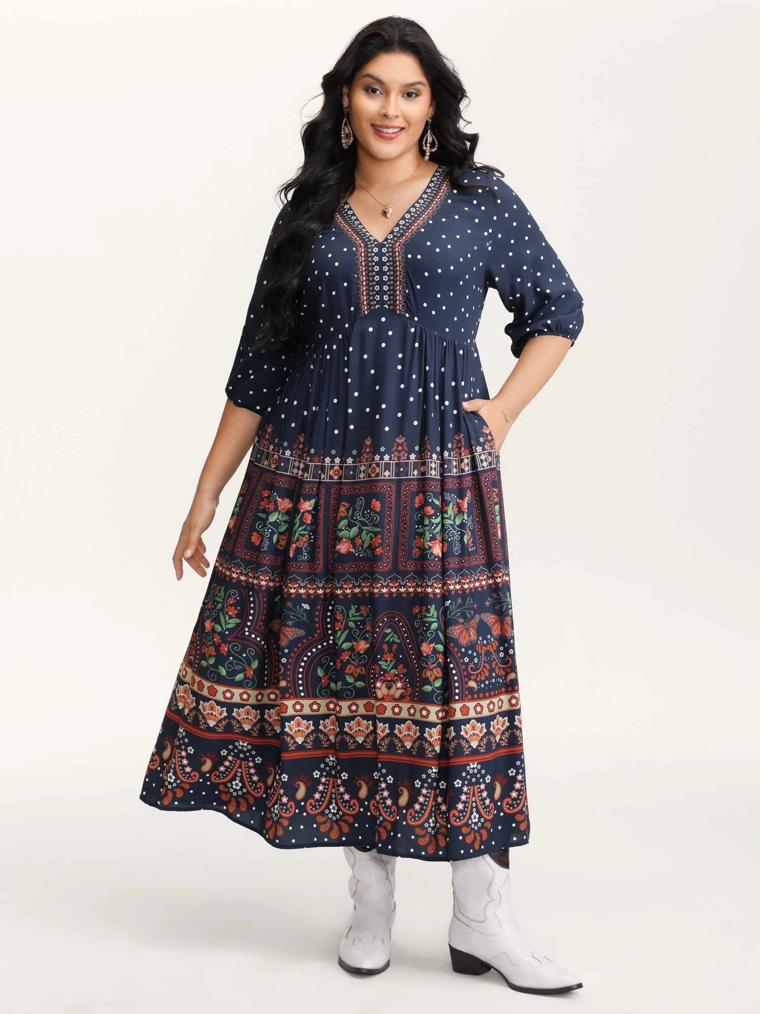 Boho Floral Print Pockets Contrast Maxi Dress - Image 3