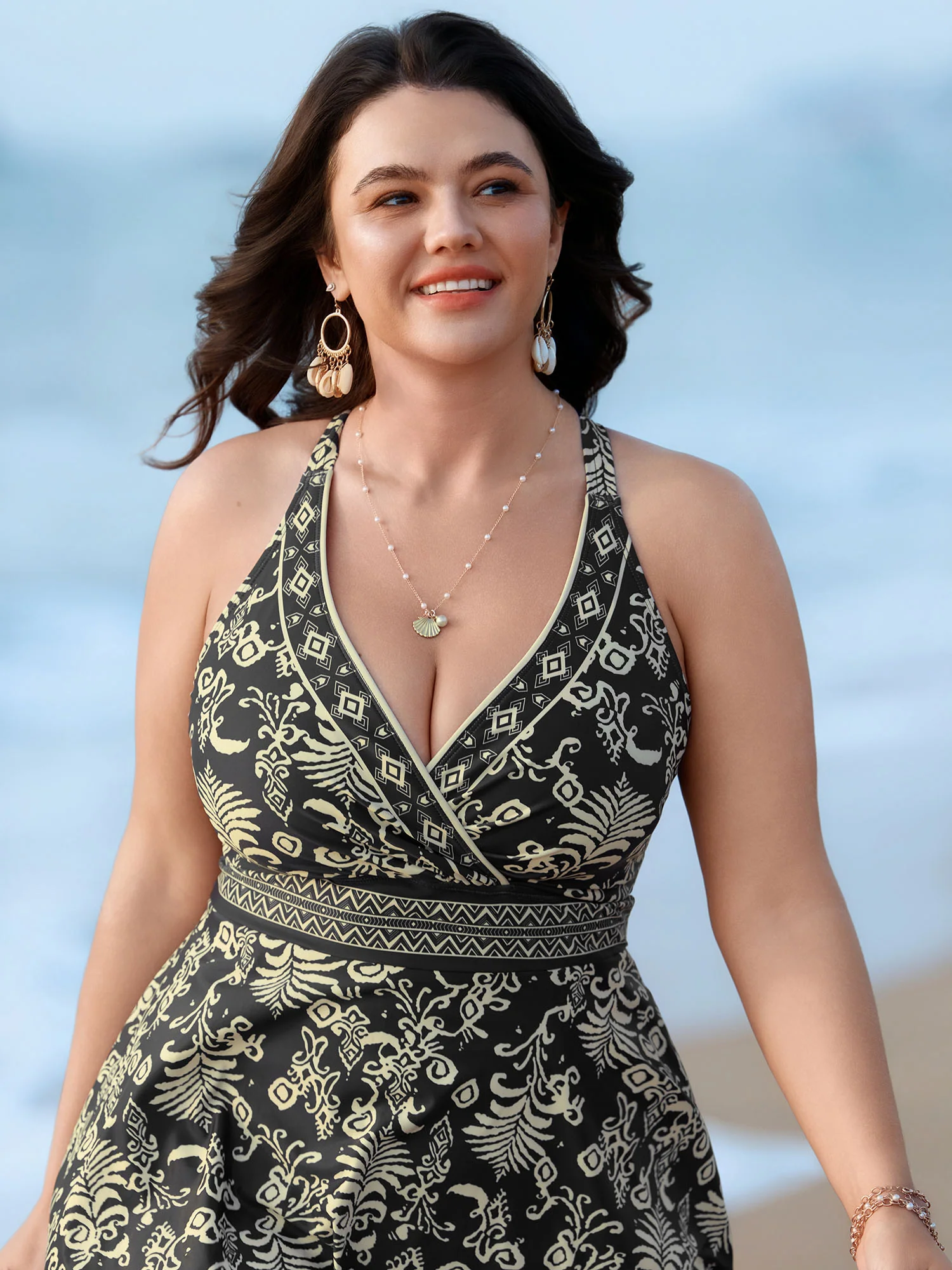Boho Floral Print Pockets Crossstraps Swim Dress - Image 2
