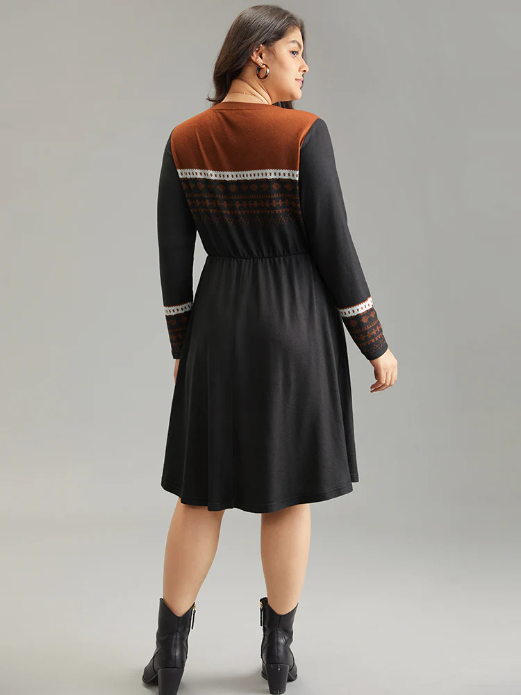 Boho Geometric Print Contrast Elastic Waist Dress - Image 2