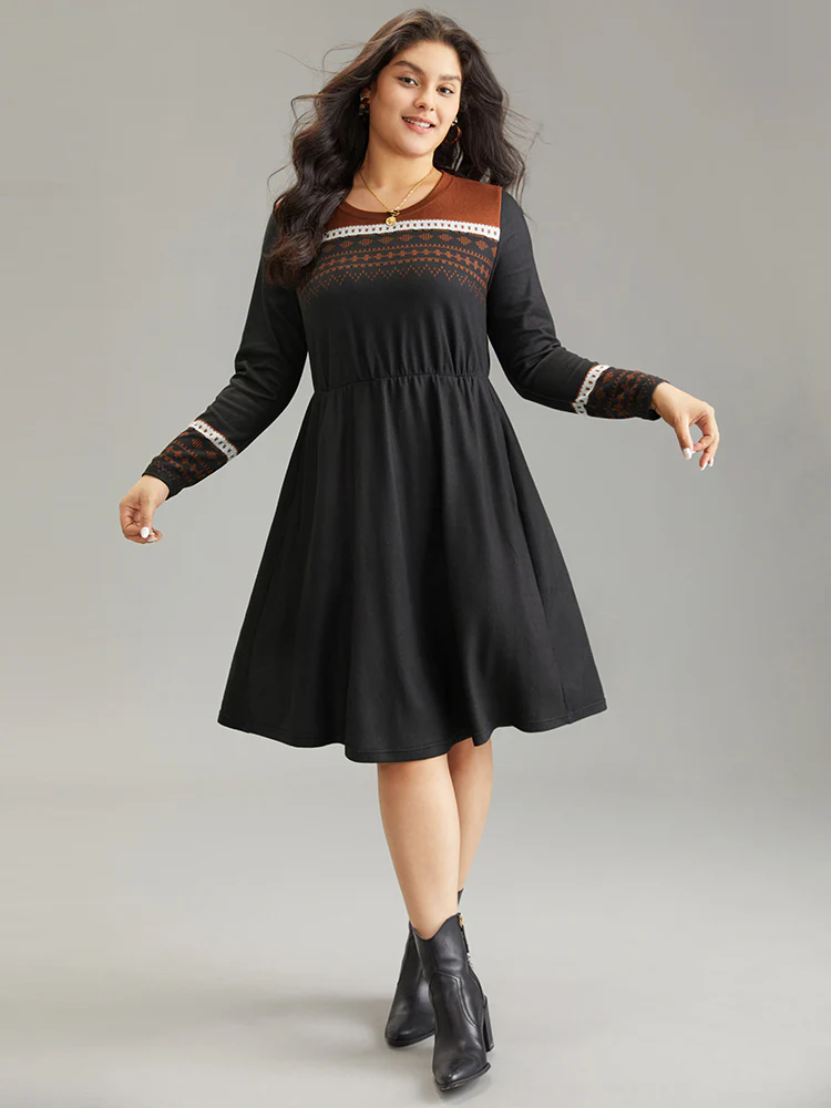 Boho Geometric Print Contrast Elastic Waist Dress - Image 3