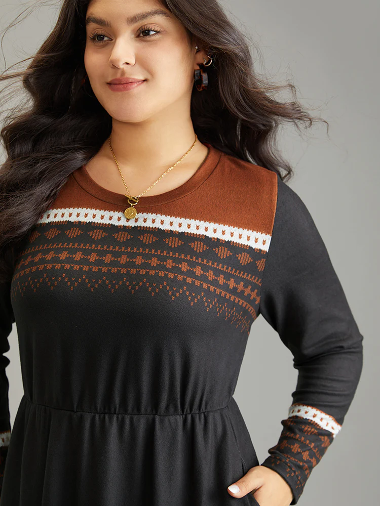 Boho Geometric Print Contrast Elastic Waist Dress - Image 4