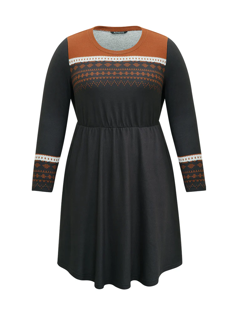 Boho Geometric Print Contrast Elastic Waist Dress - Image 5