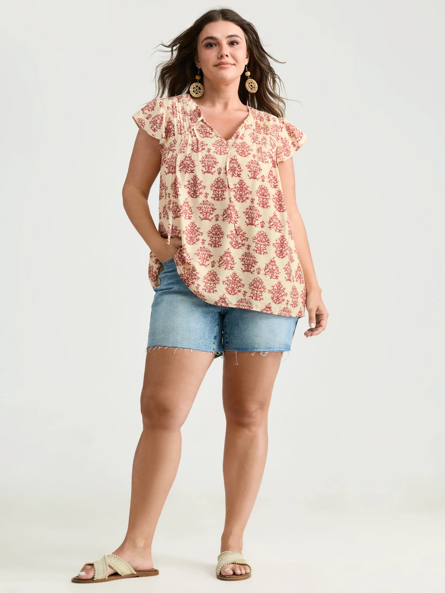 Boho Geometric Print Flutter Sleeve Blouse - Image 3