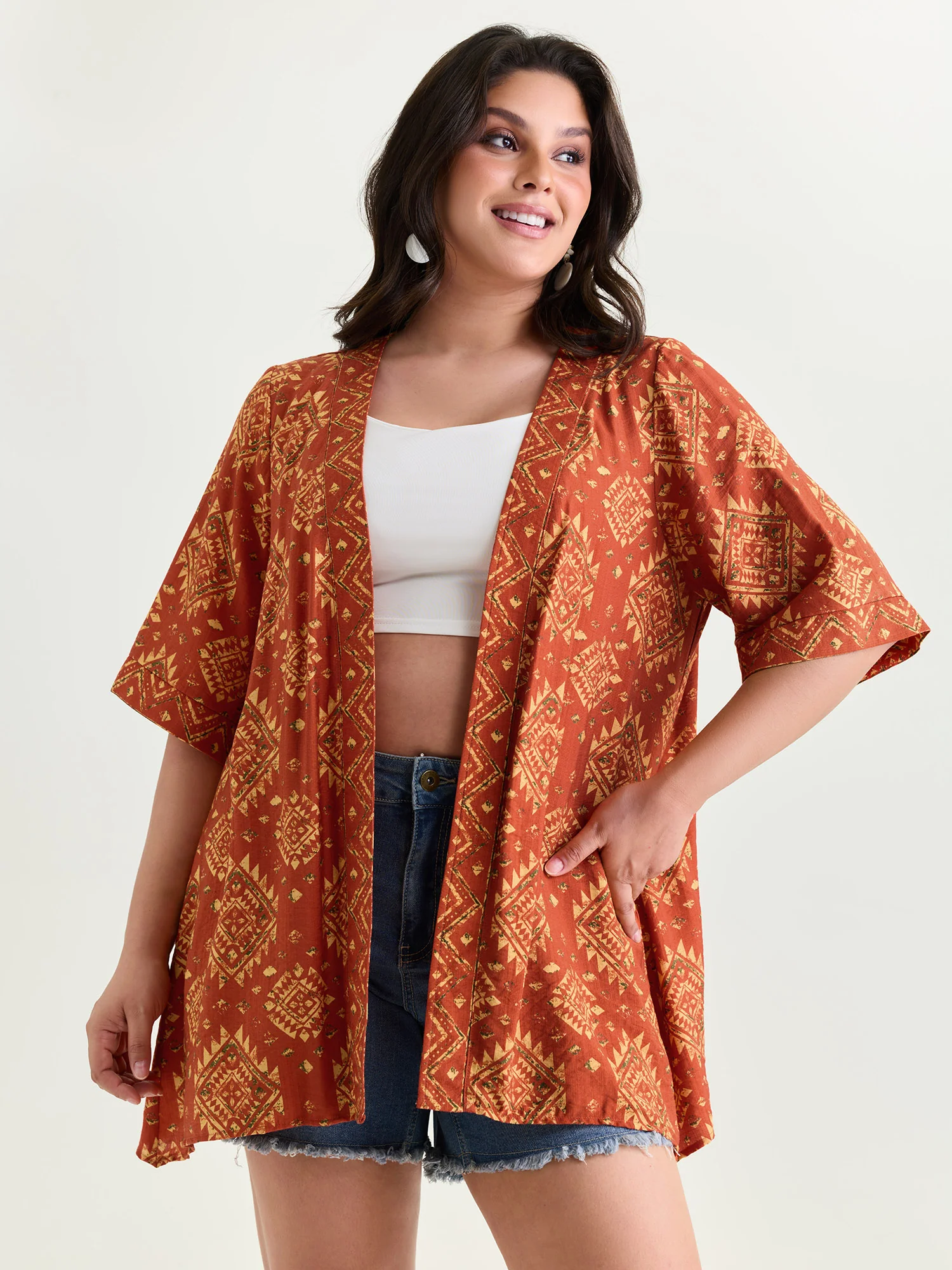 Boho Geometric Print Open-Front Kimono - Image 2
