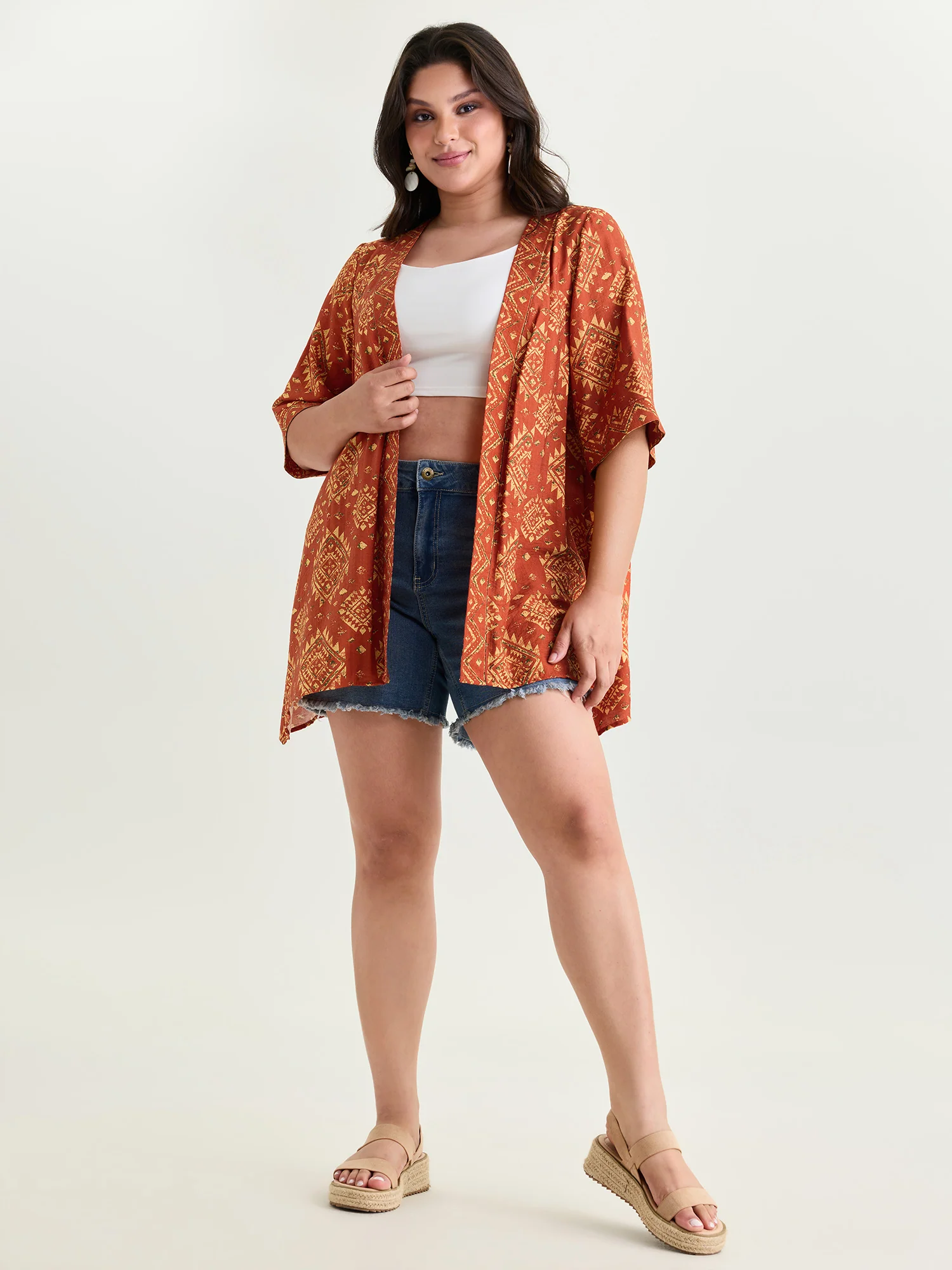 Boho Geometric Print Open-Front Kimono - Image 3