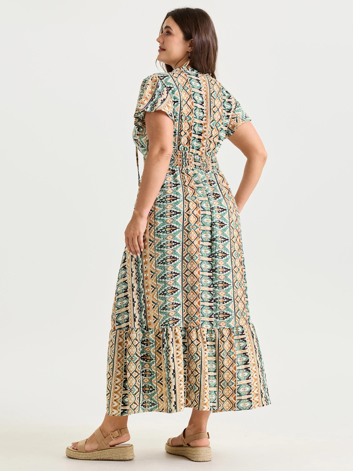 Boho Geometric Print Ruffled Neckline Maxi Dress - Image 3