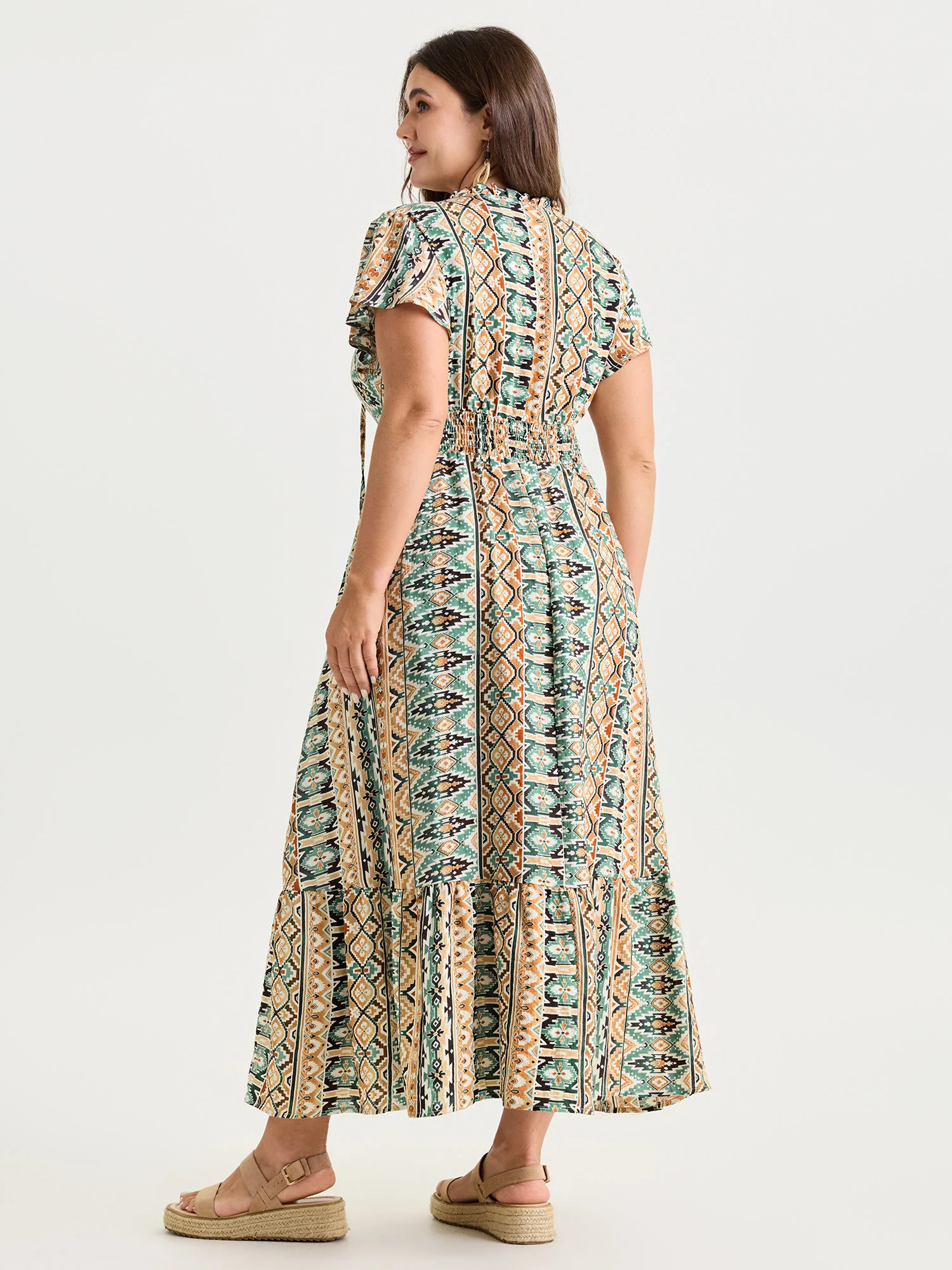 Boho Geometric Print Ruffled Neckline Maxi Dress - Image 4