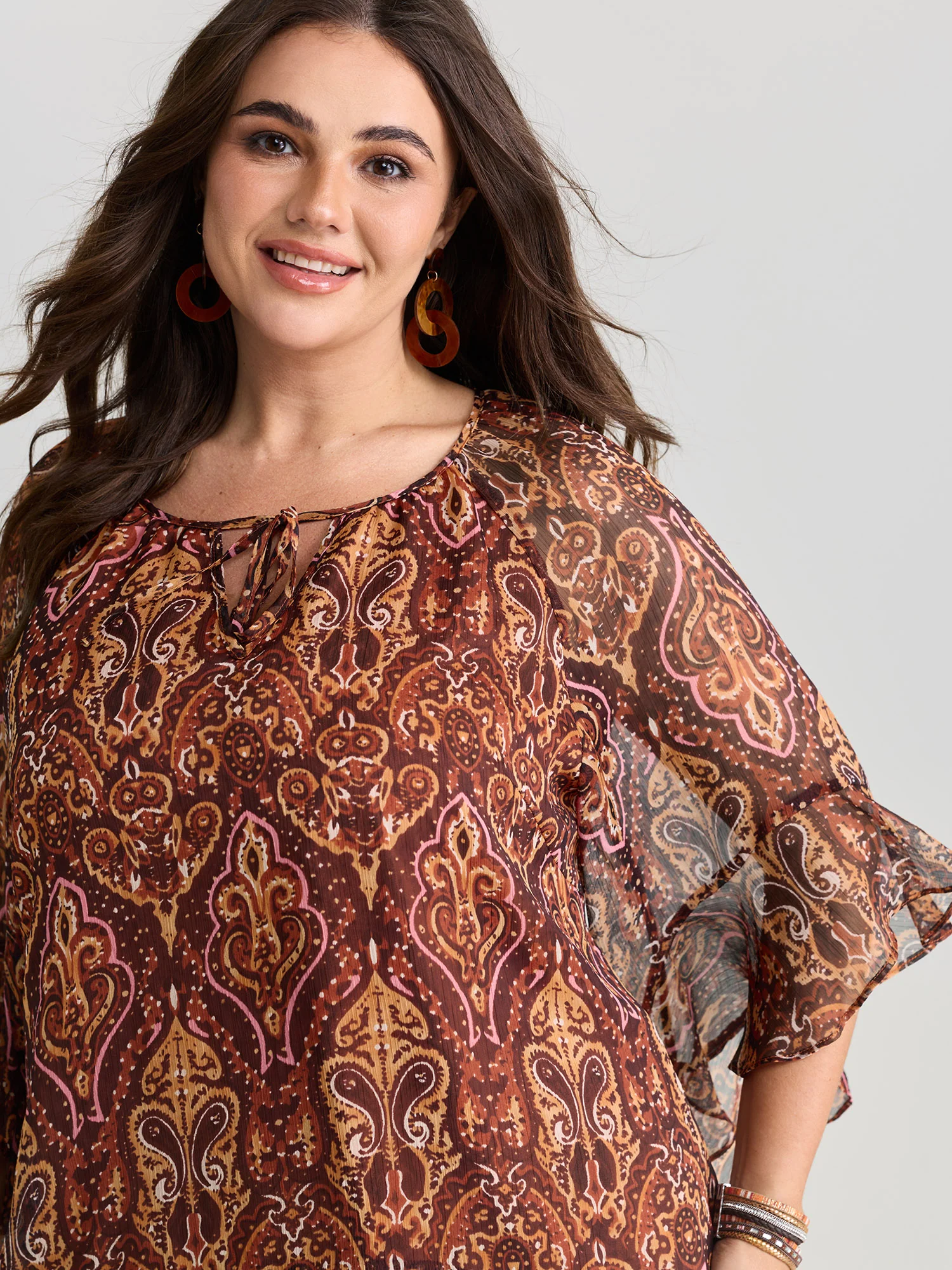 Boho Geometric Print Ruffled Sleeve Blouse - Image 2