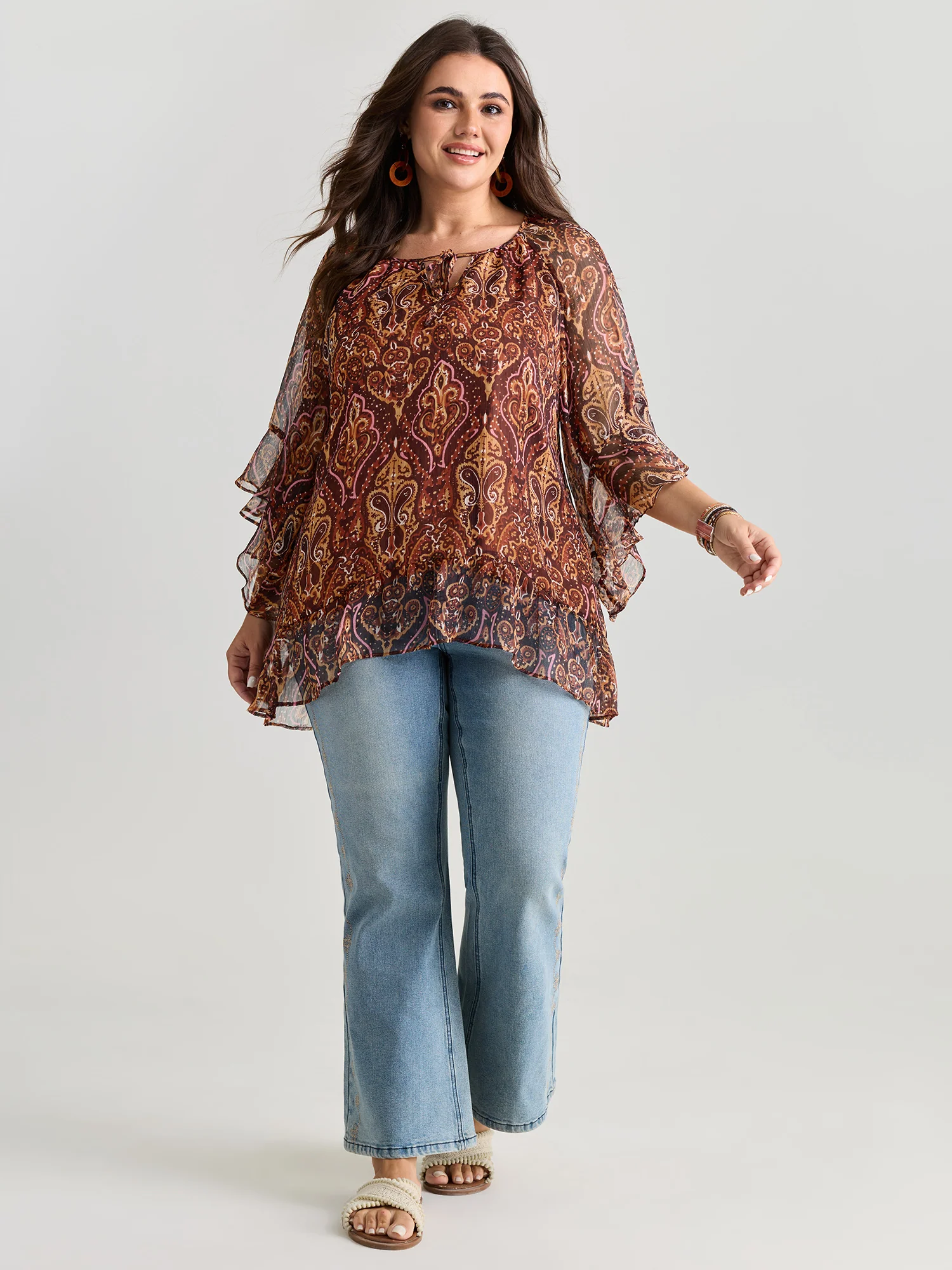 Boho Geometric Print Ruffled Sleeve Blouse - Image 3