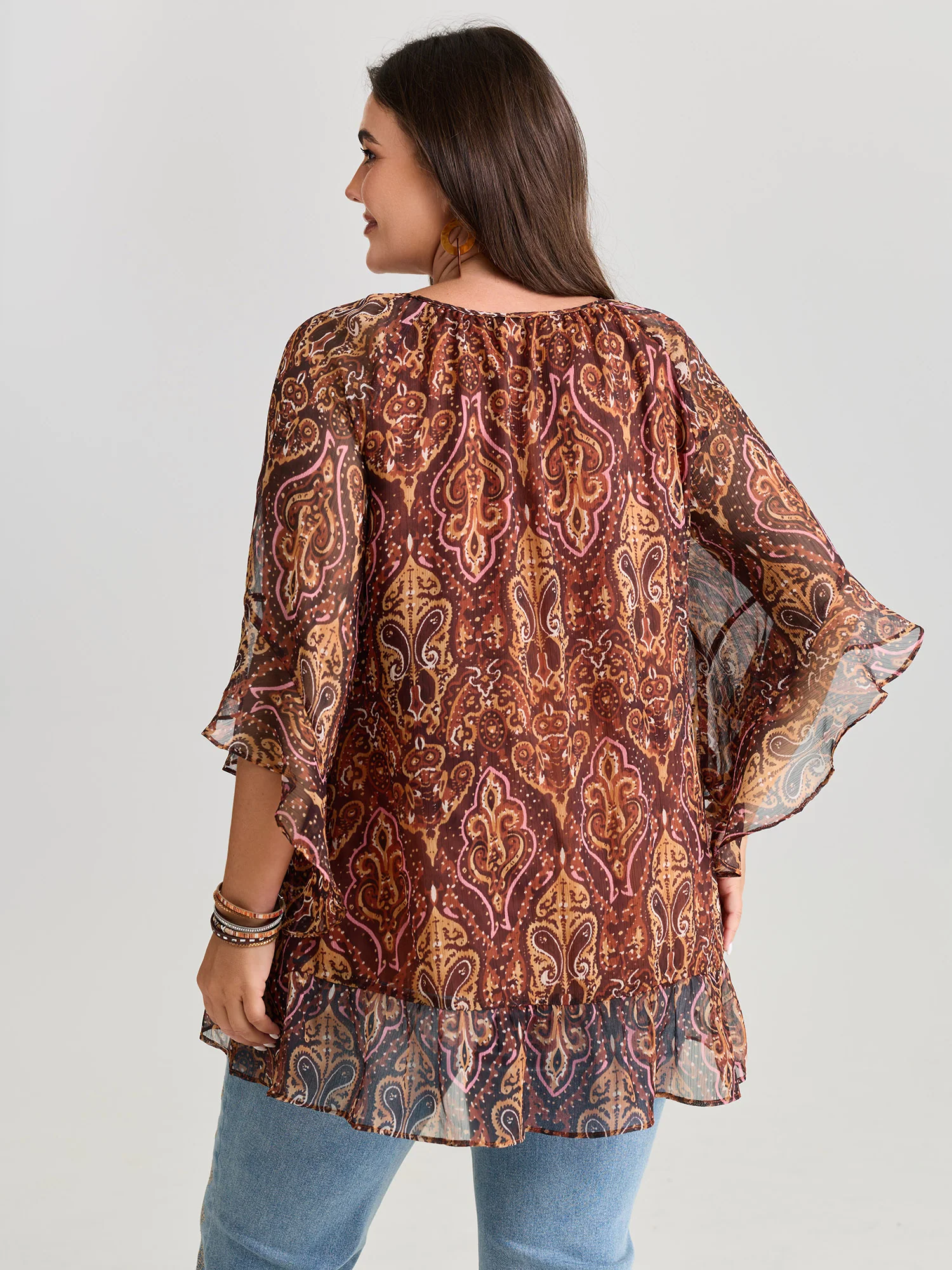 Boho Geometric Print Ruffled Sleeve Blouse - Image 4