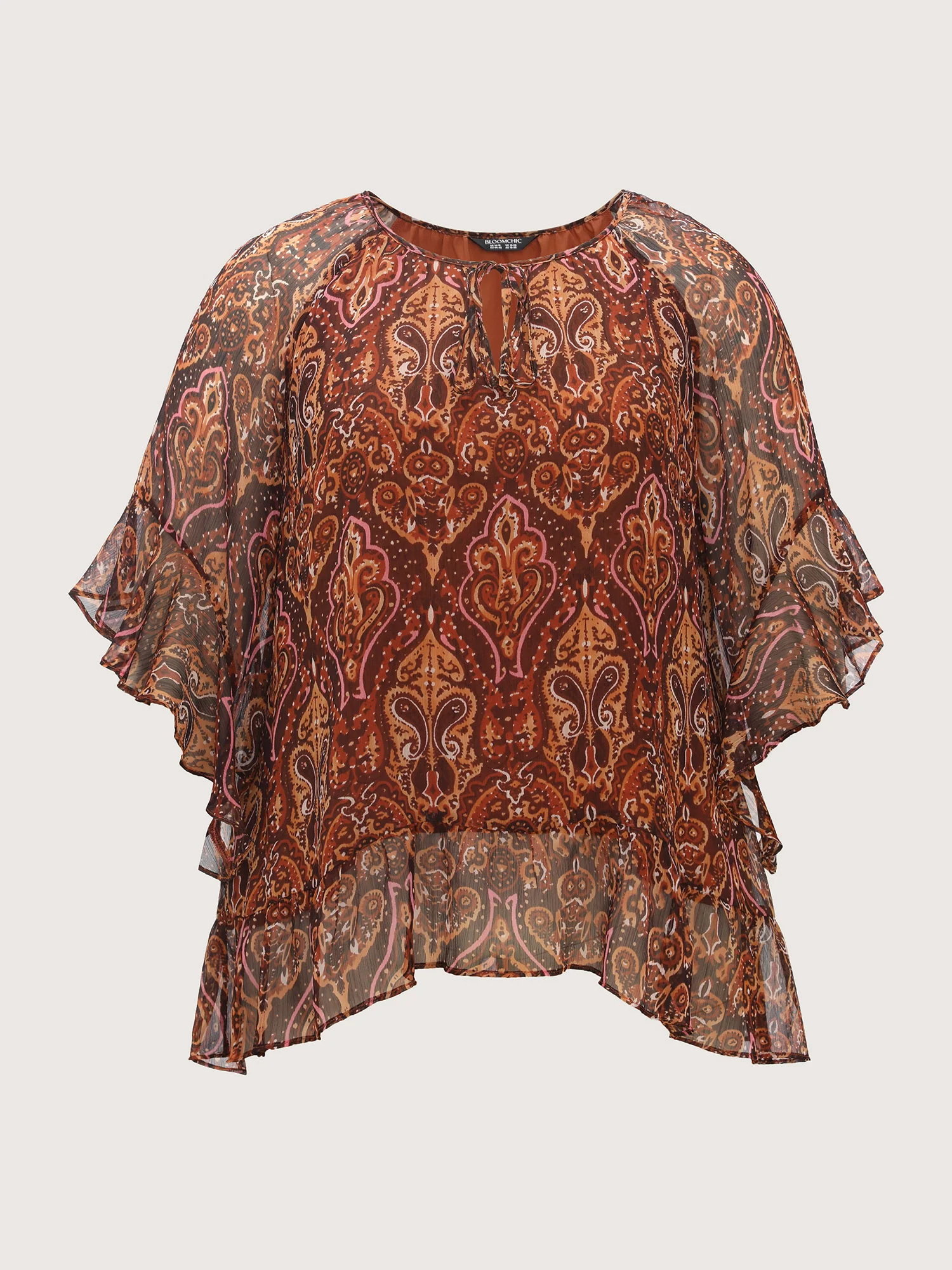 Boho Geometric Print Ruffled Sleeve Blouse - Image 7