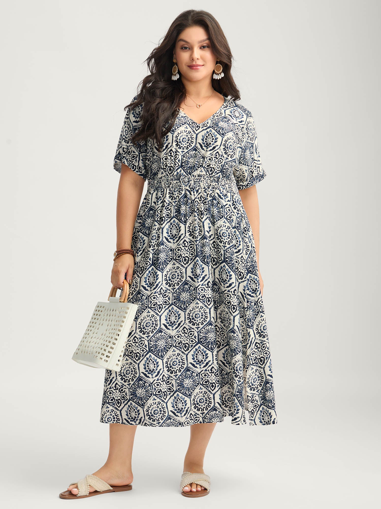 Boho Geometric Print Split Midi Dress - Image 3